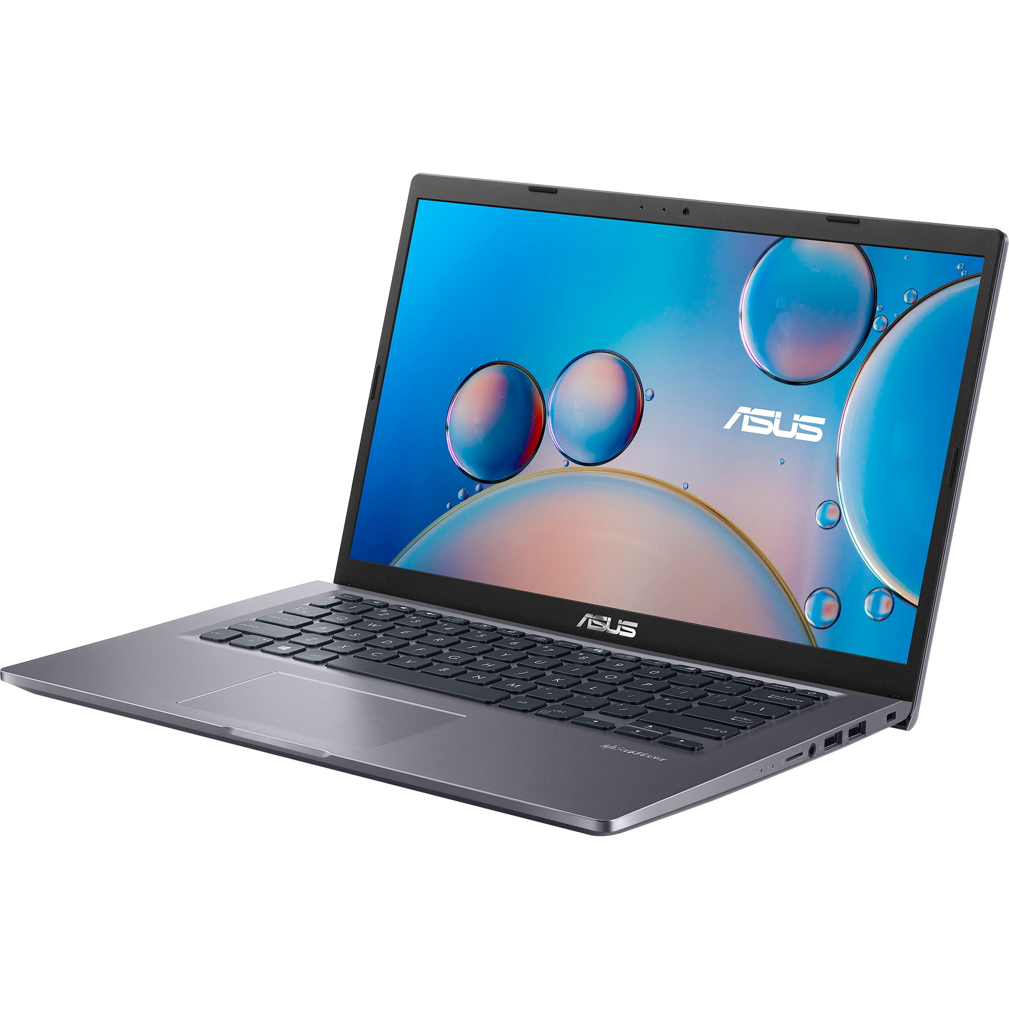 Ekranında ASUS logosu bulunan gri dizüstü bilgisayar. Siyah arka plan. Açık, klavye ve ekranı gösteriyor.