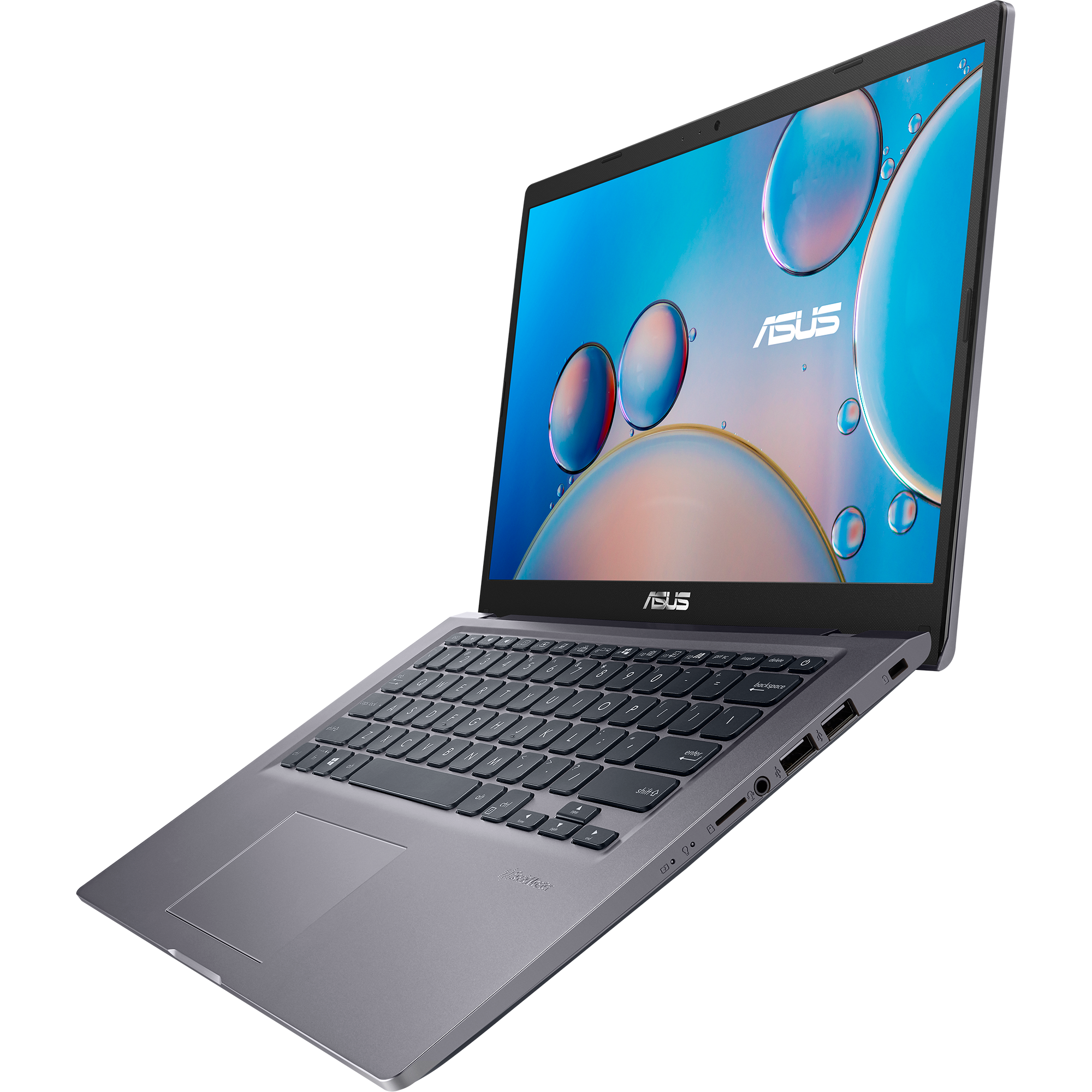 Mavi ve beyaz ekranlı, gümüş renkli bir dizüstü bilgisayar.