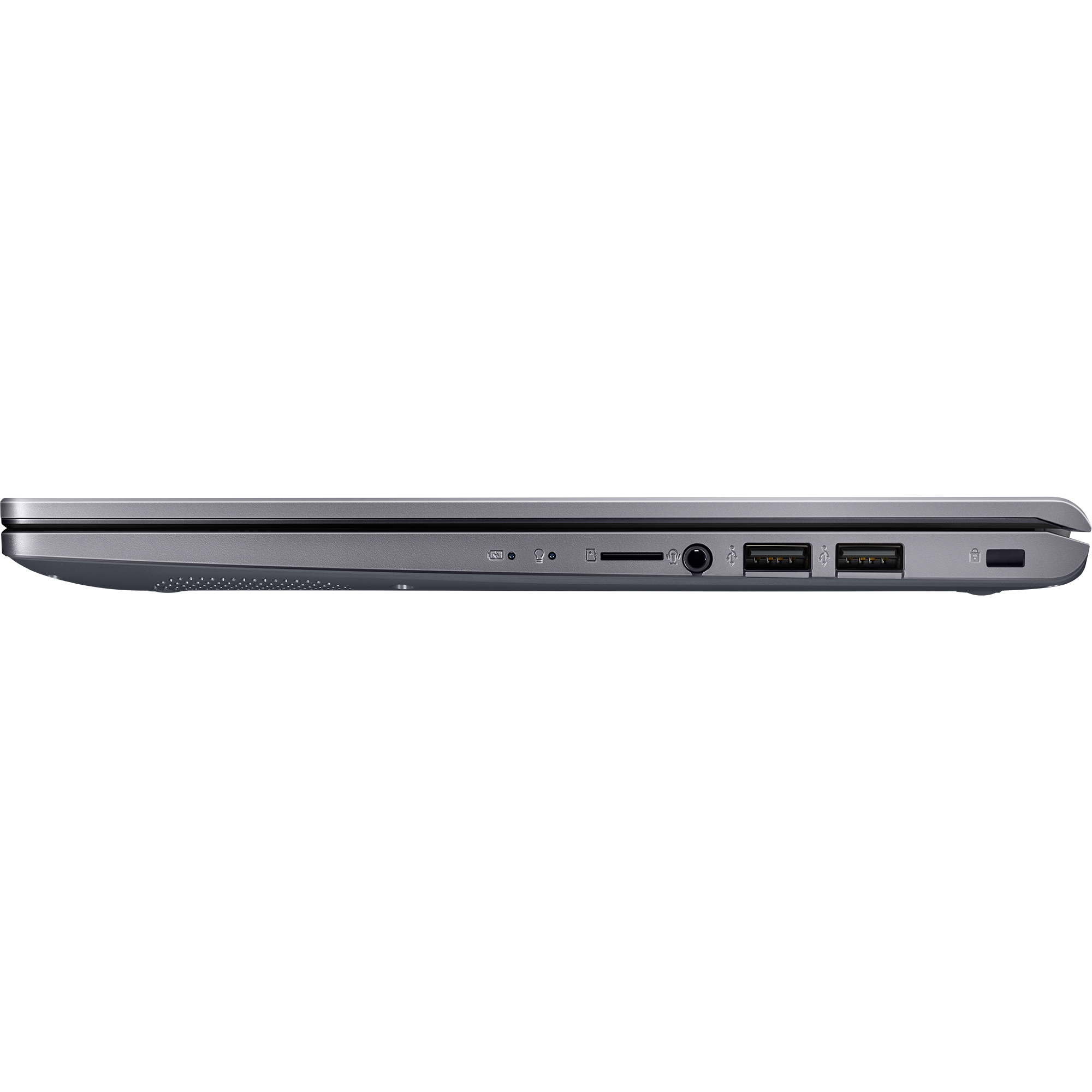 Gri bir dizüstü bilgisayarın yan görünümü ve portlar. Siyah arka plan.