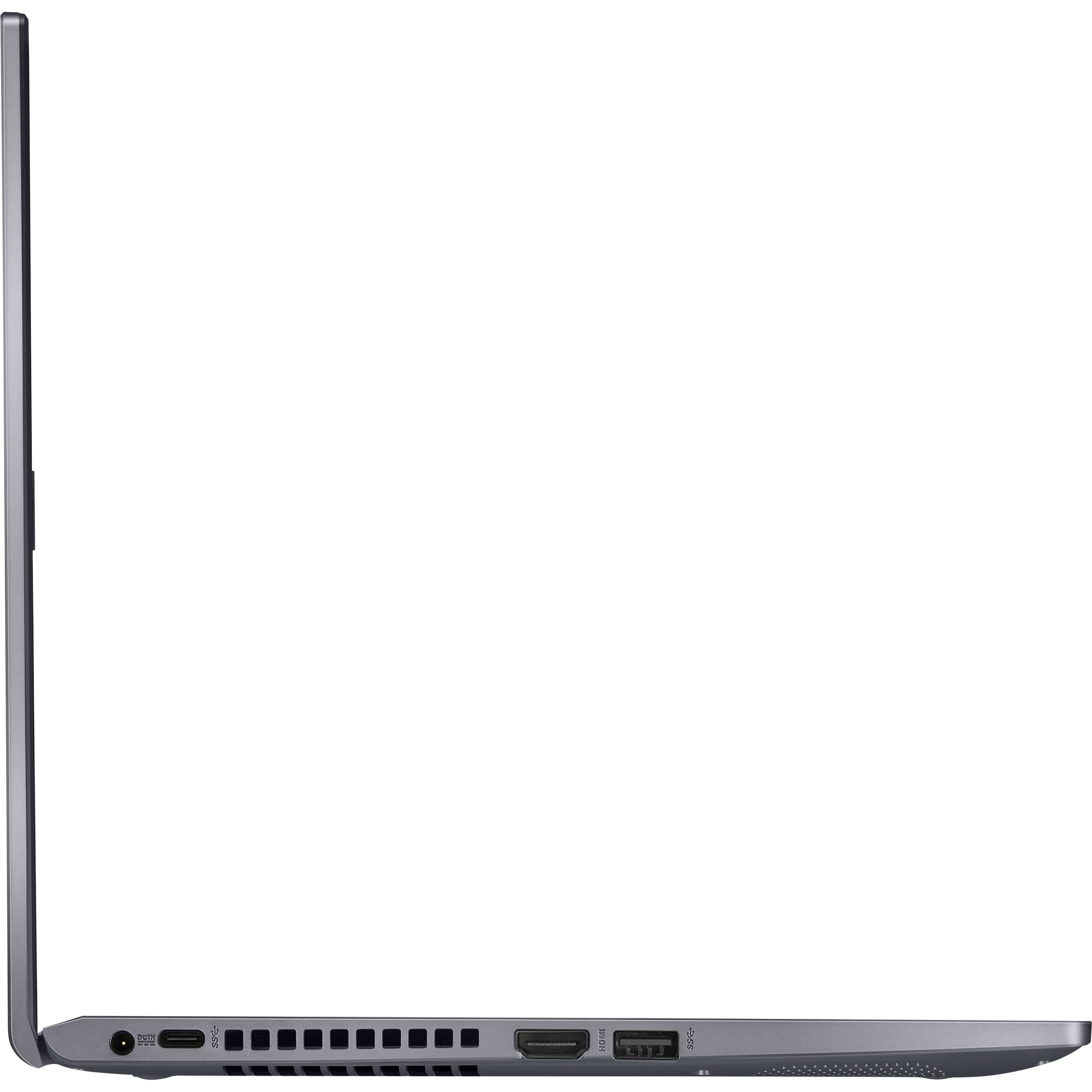 Kapalı bir dizüstü bilgisayarın yan görünümü. Siyah bir arka plan üzerinde bağlantı noktalarını ve menteşe alanını gösterir.