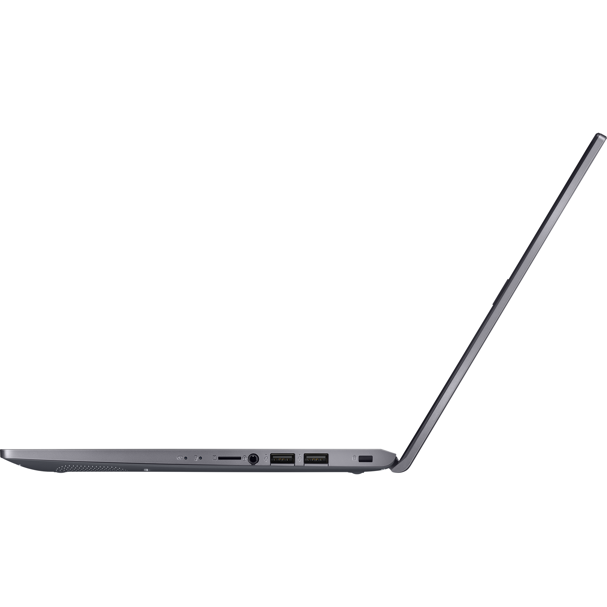 Ekranı açık gümüş bir dizüstü bilgisayarın yan görünümü. Dizüstü bilgisayar açılı.