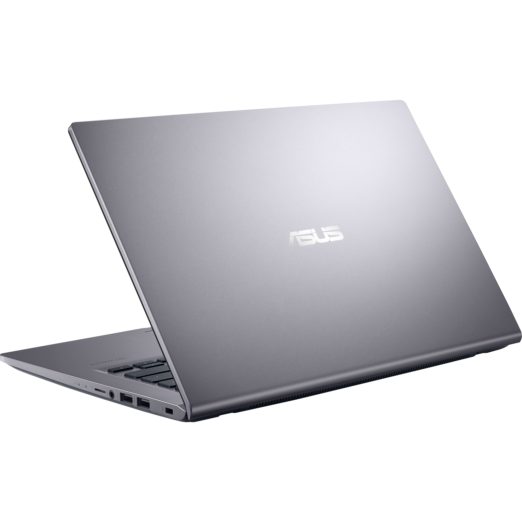 Gümüş bir dizüstü bilgisayar arkadan, açılı olarak açık, siyah bir arka plan üzerinde gösteriliyor.