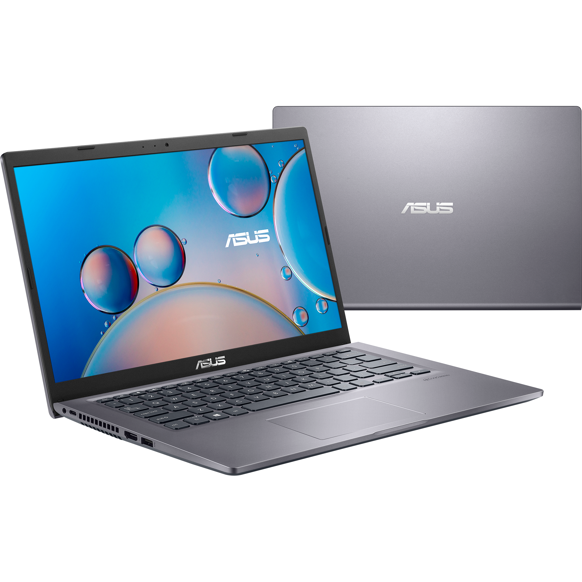 Kabarcıklar ve ASUS logosunu gösteren bir ekranla açık gümüş dizüstü bilgisayar.