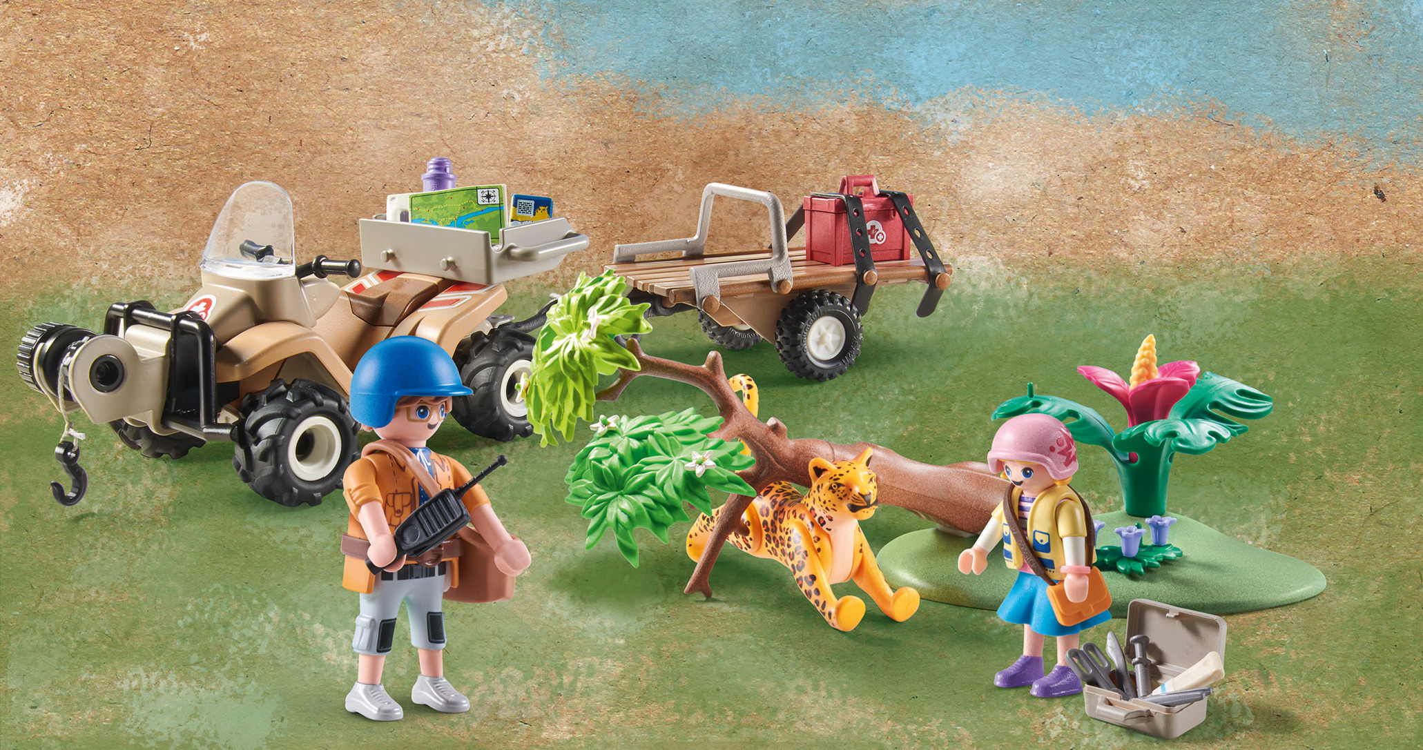Playmobil-Safari-Szene mit zwei Figuren, Jeep und einem Leoparden auf grün-braunem Hintergrund.