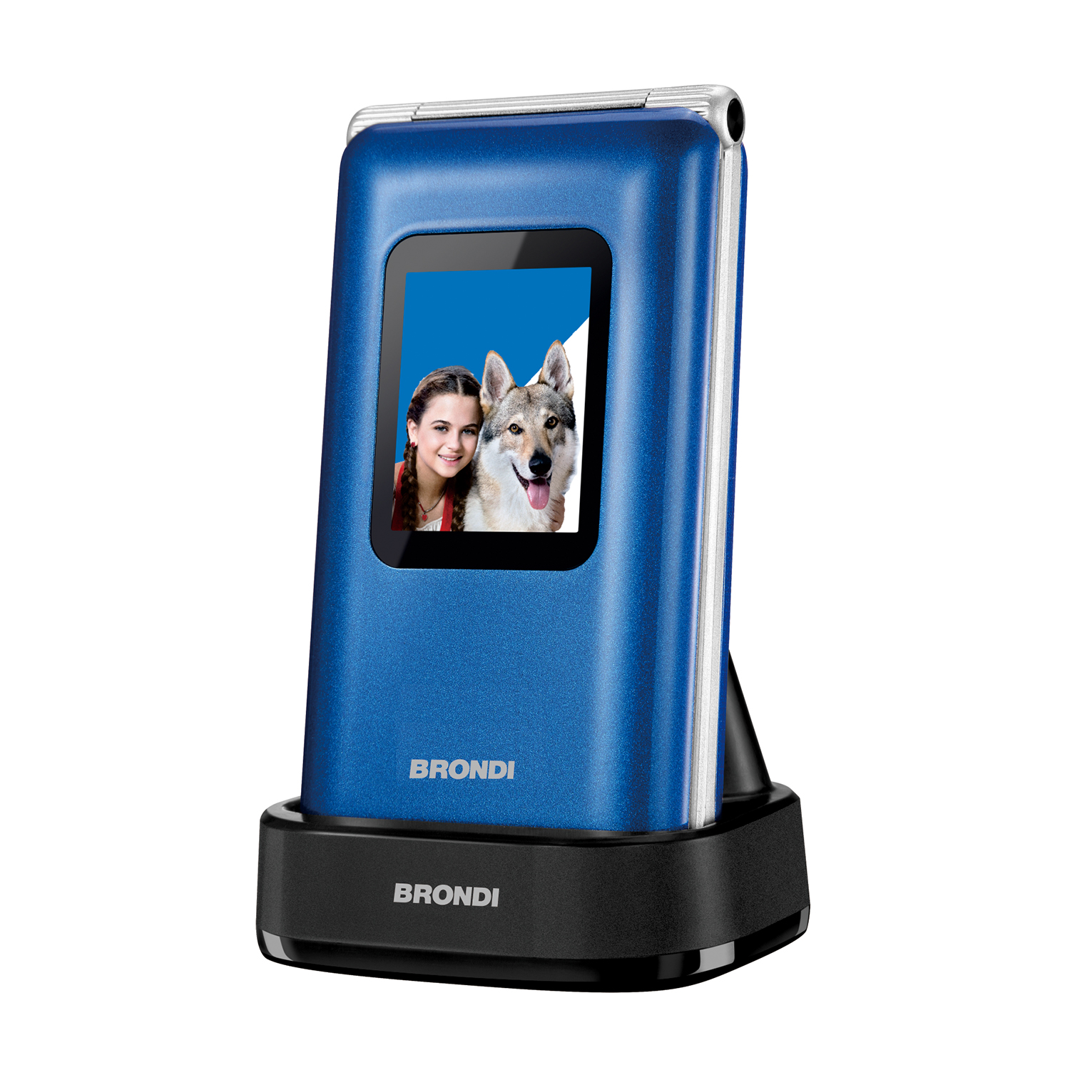 Telefono a conchiglia blu con immagine di una ragazza e un cane.