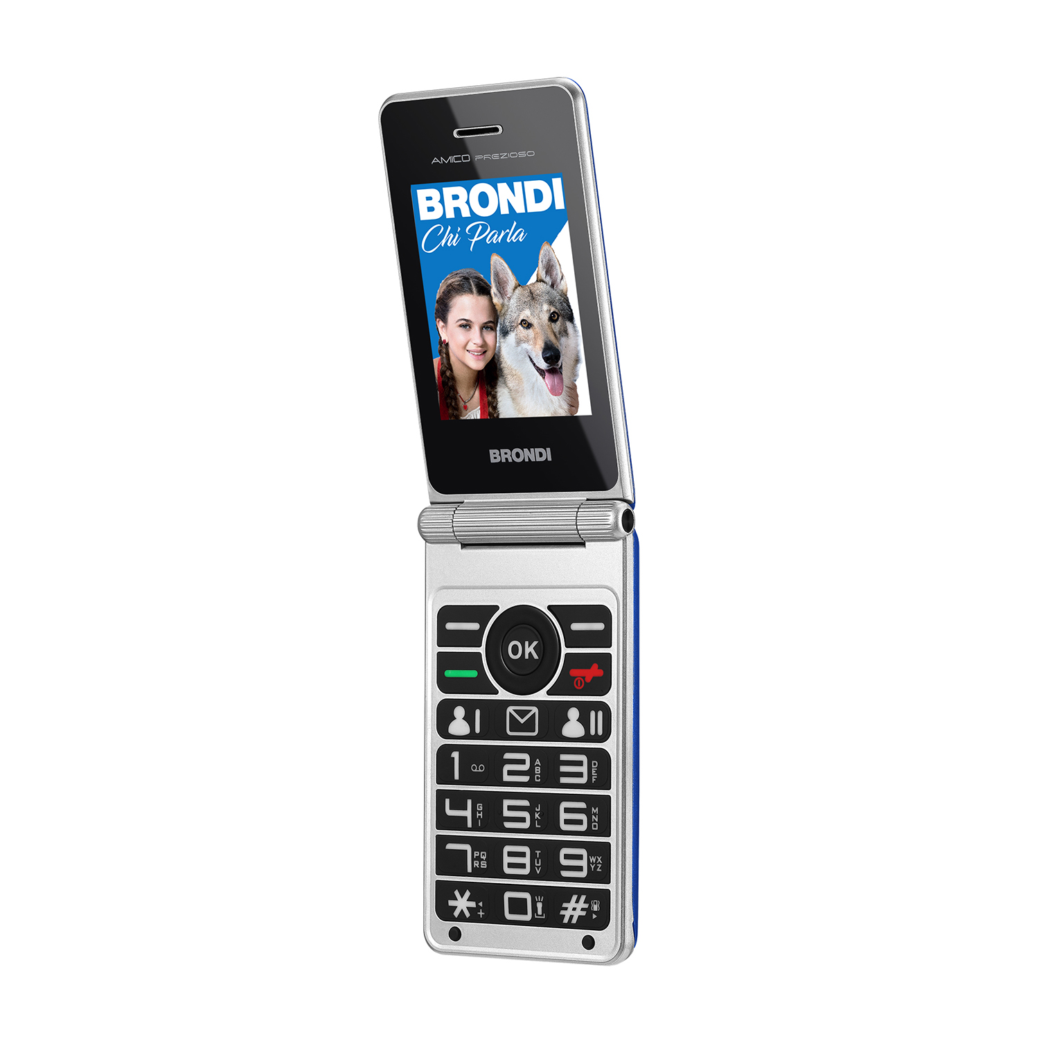 Telefono a conchiglia aperto, mostra ragazza e lupo. Corpo argento, dettagli blu, tastierino numerico.