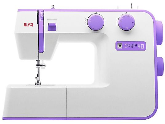 Máquina de coser - Alfa Style 40, 31 Puntadas, Luz LED, 6 filas de dientes, 70W, Blanco y Lila