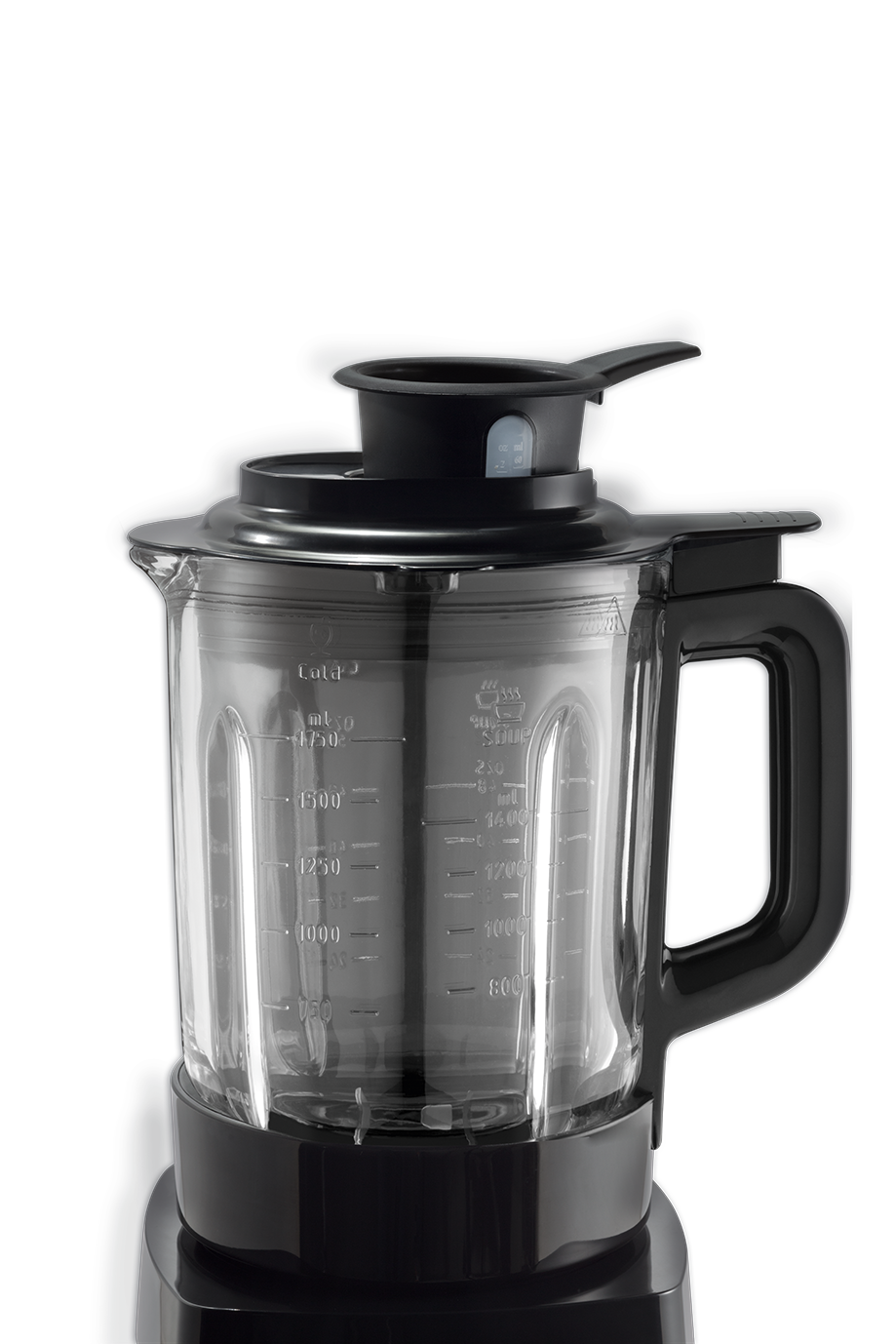 Şeffaf sürahili siyah blender, sürahi üzerinde ölçüm işaretleri var.