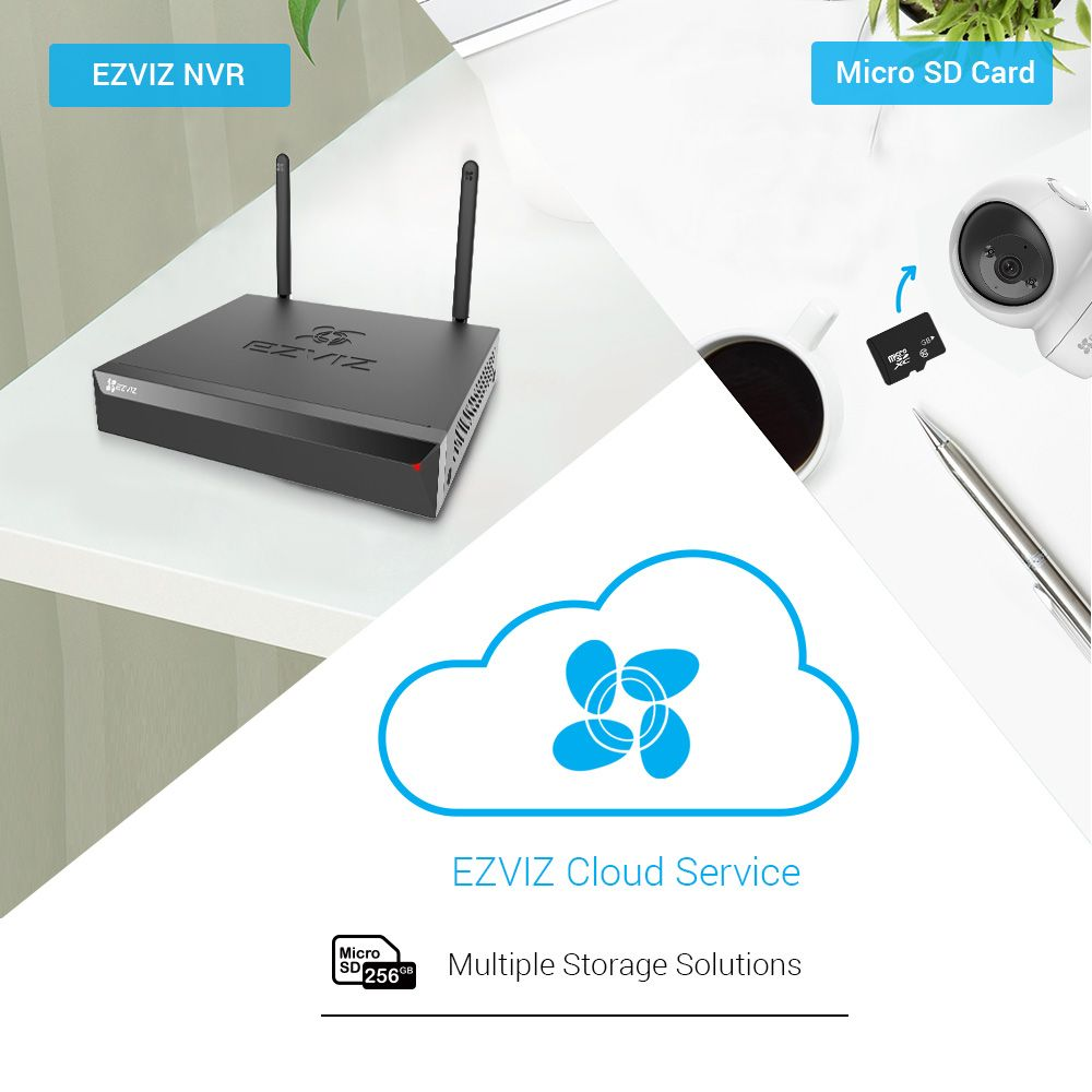 Image montrant EZVIZ NVR, diagramme du service cloud et carte Micro SD. Concept de solutions de stockage multiples.
