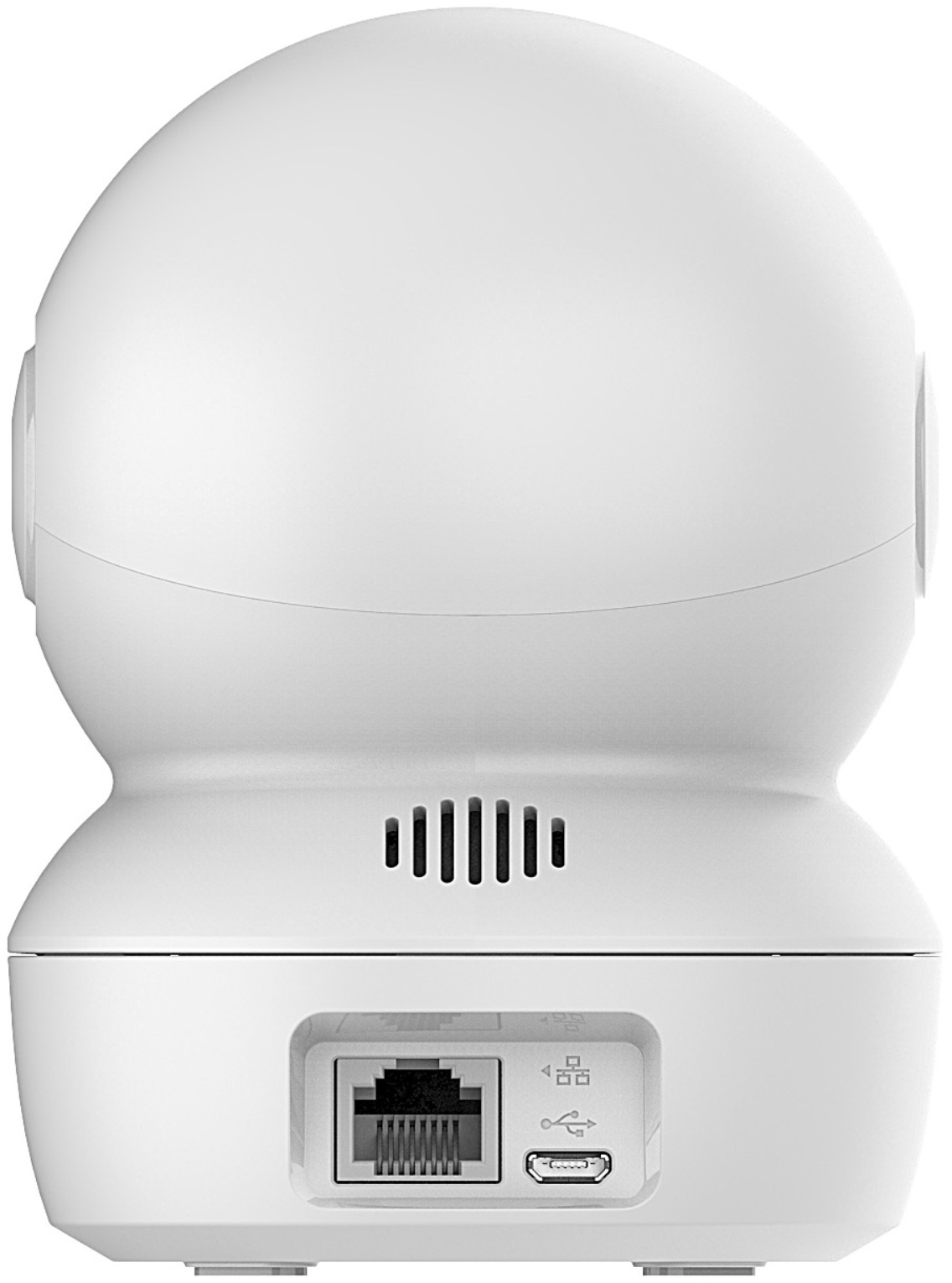 Une caméra de sécurité blanche avec ports, vue arrière.