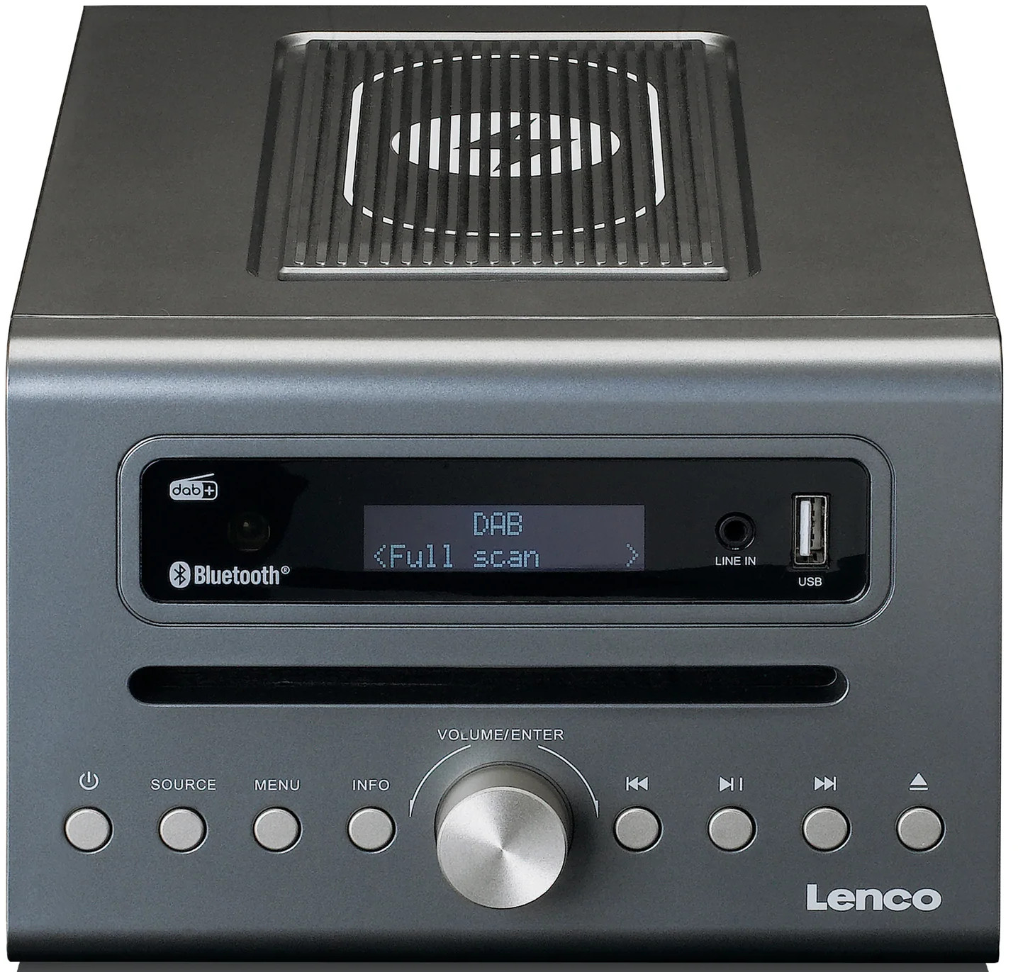 Radio Lenco grise. Elle a des boutons, un écran et une fente CD. Le dessus a une grille de haut-parleur.