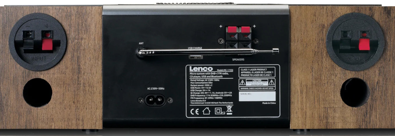 Arrière d'un microsystème Lenco avec haut-parleurs, antenne et ports de connexion.