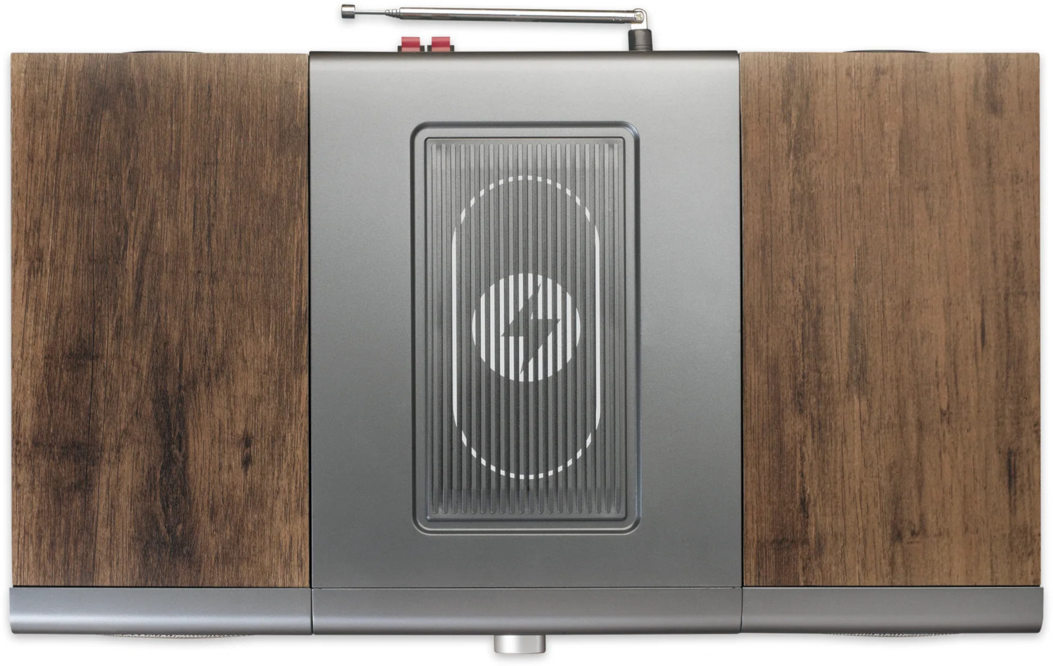 Vue de dessus d'une radio rétro avec côtés en bois et panneau central argenté.