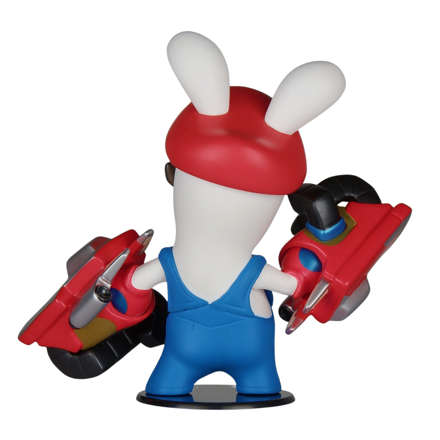 Una figura de conejo blanco con casco rojo y overoles sosteniendo dos pistolas de rayos rojas y plateadas.