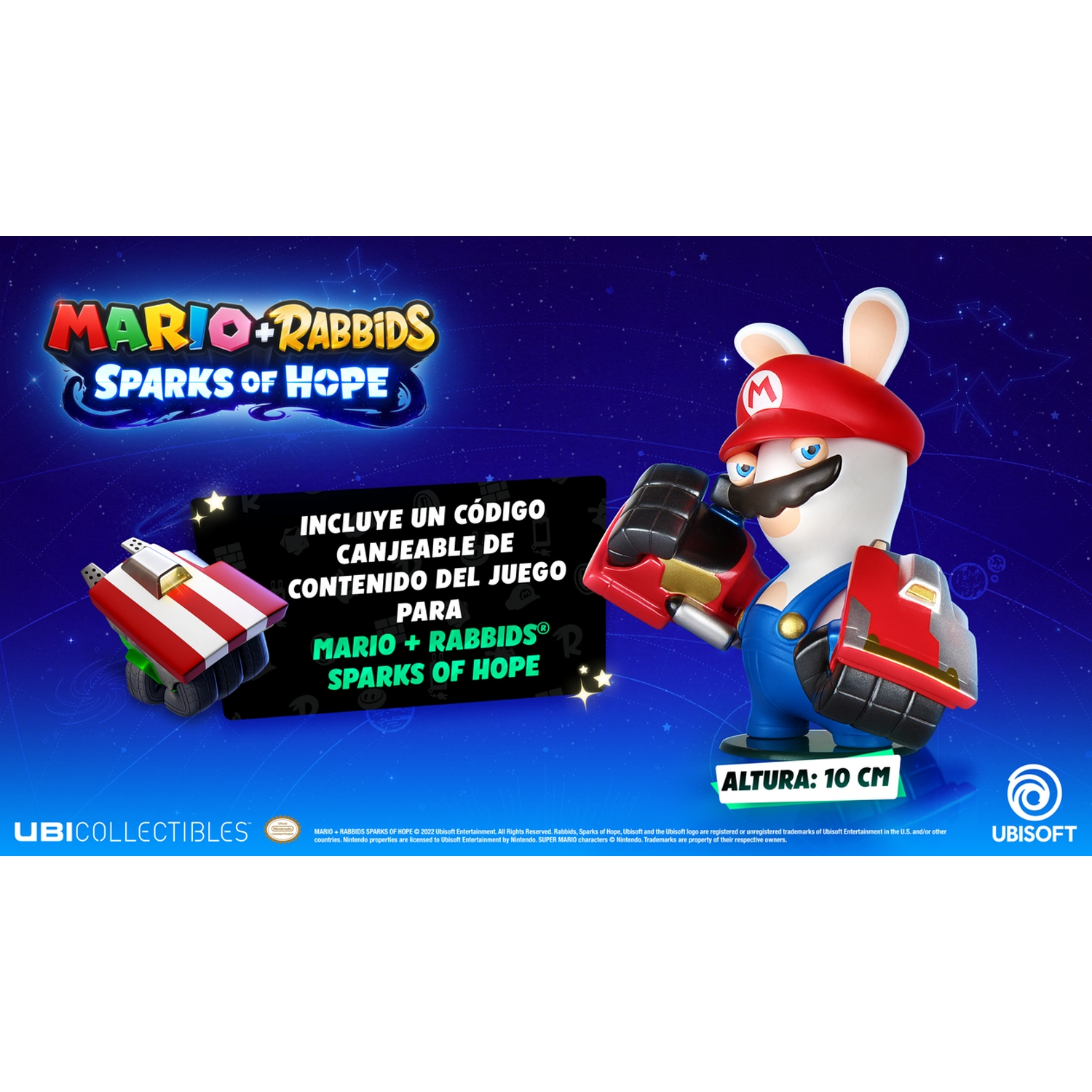 Mario con Rabbid en caja de juego. Tienen armas. La caja incluye un código de juego.