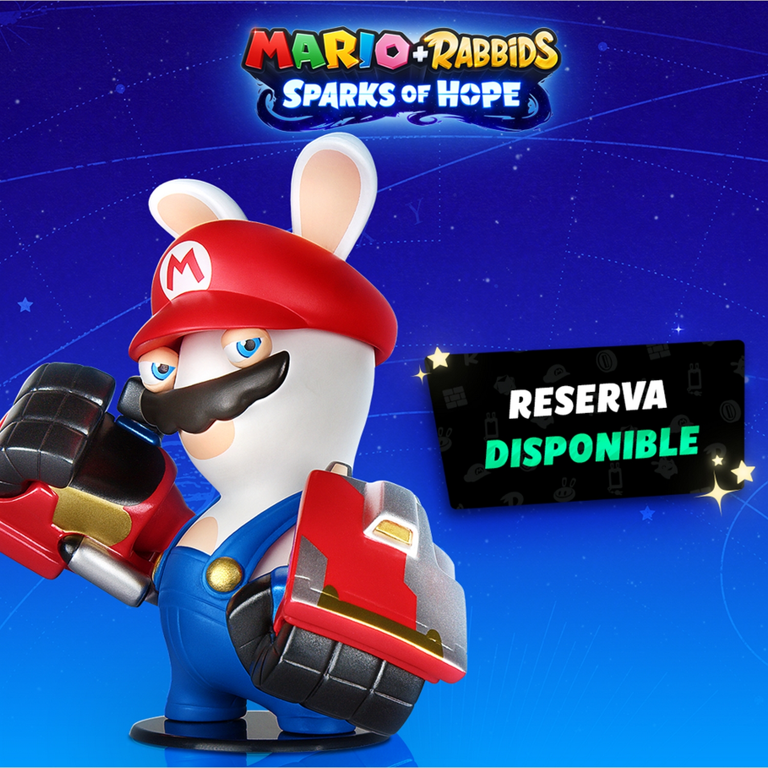 Figura de Mario + Rabbids Sparks of Hope. Mario Rabbid con un cartel que dice