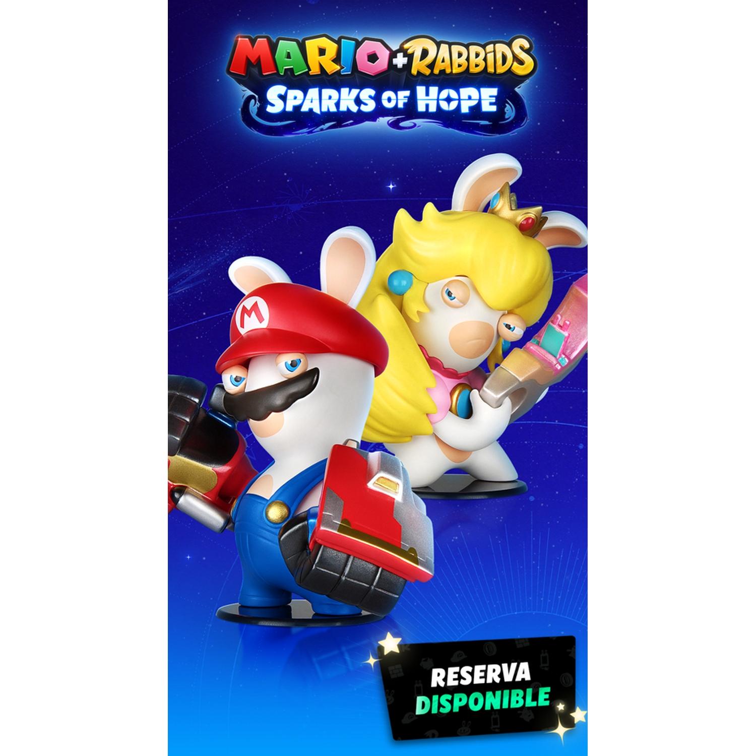 Mario y un personaje conejo del juego Mario+Rabbids. Están sobre un fondo azul con estrellas.
