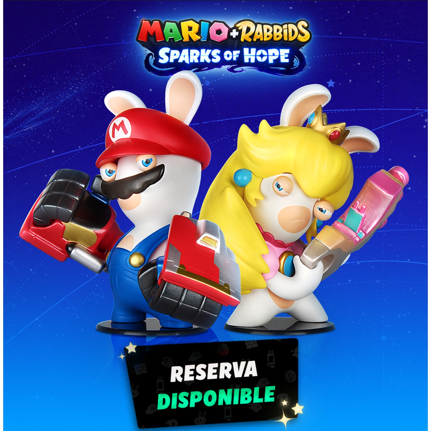 Personajes de Mario y Rabbid sosteniendo armas, sobre un fondo azul con texto.