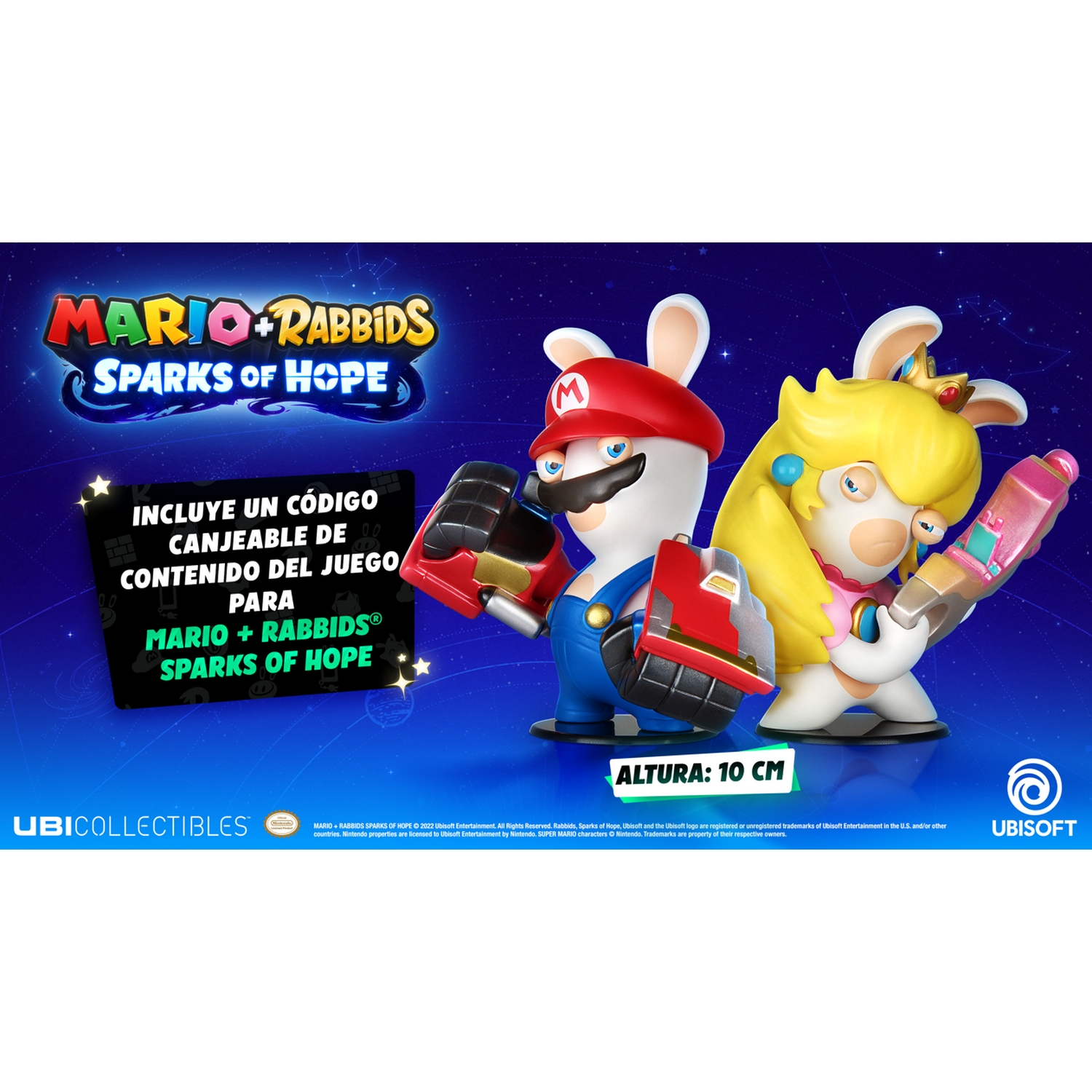 Figuras de Mario y Rabbids con texto: 'Sparks of Hope', con logo.