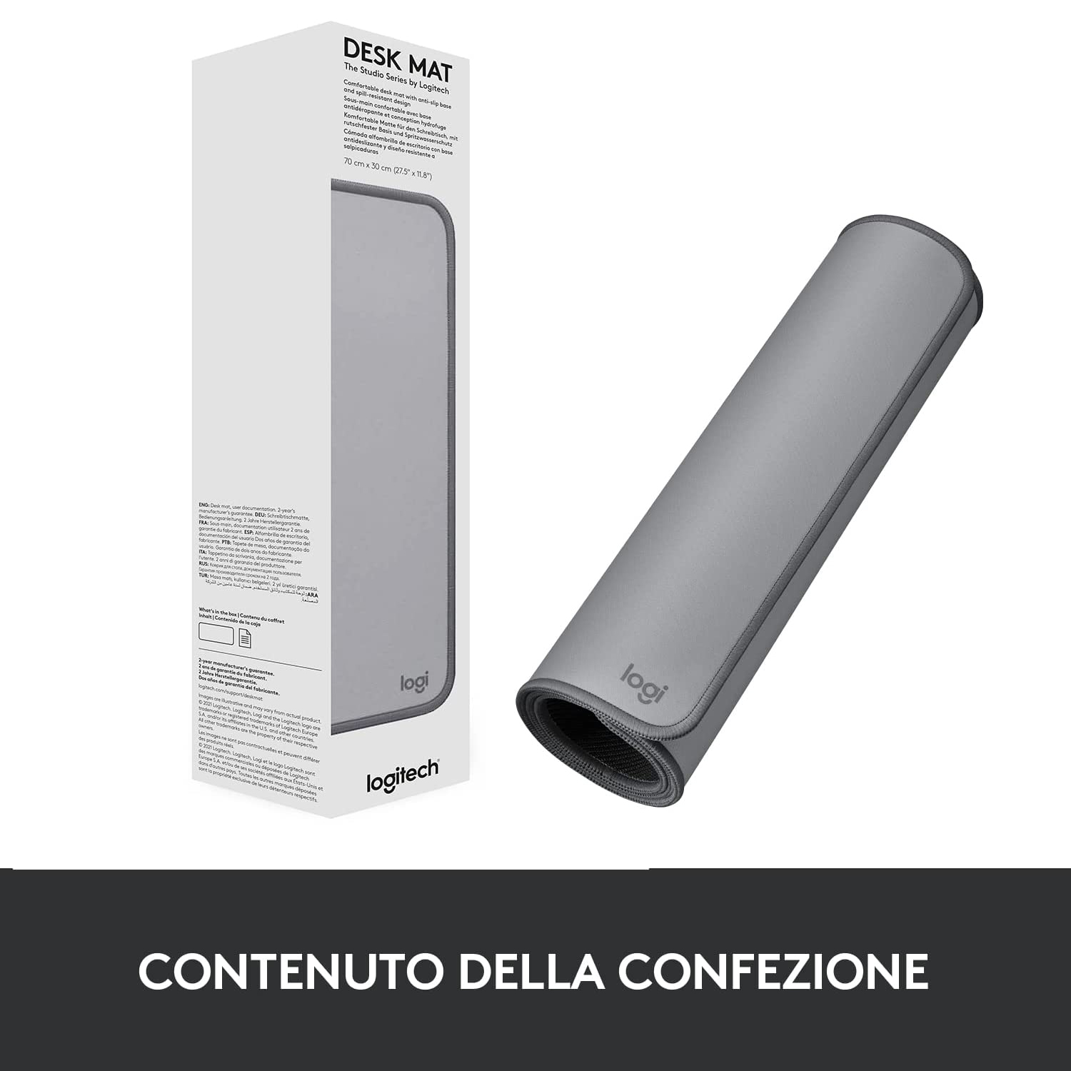 Un tappetino da scrivania grigio arrotolato e una scatola su sfondo bianco. Testo in italiano sulla scatola.