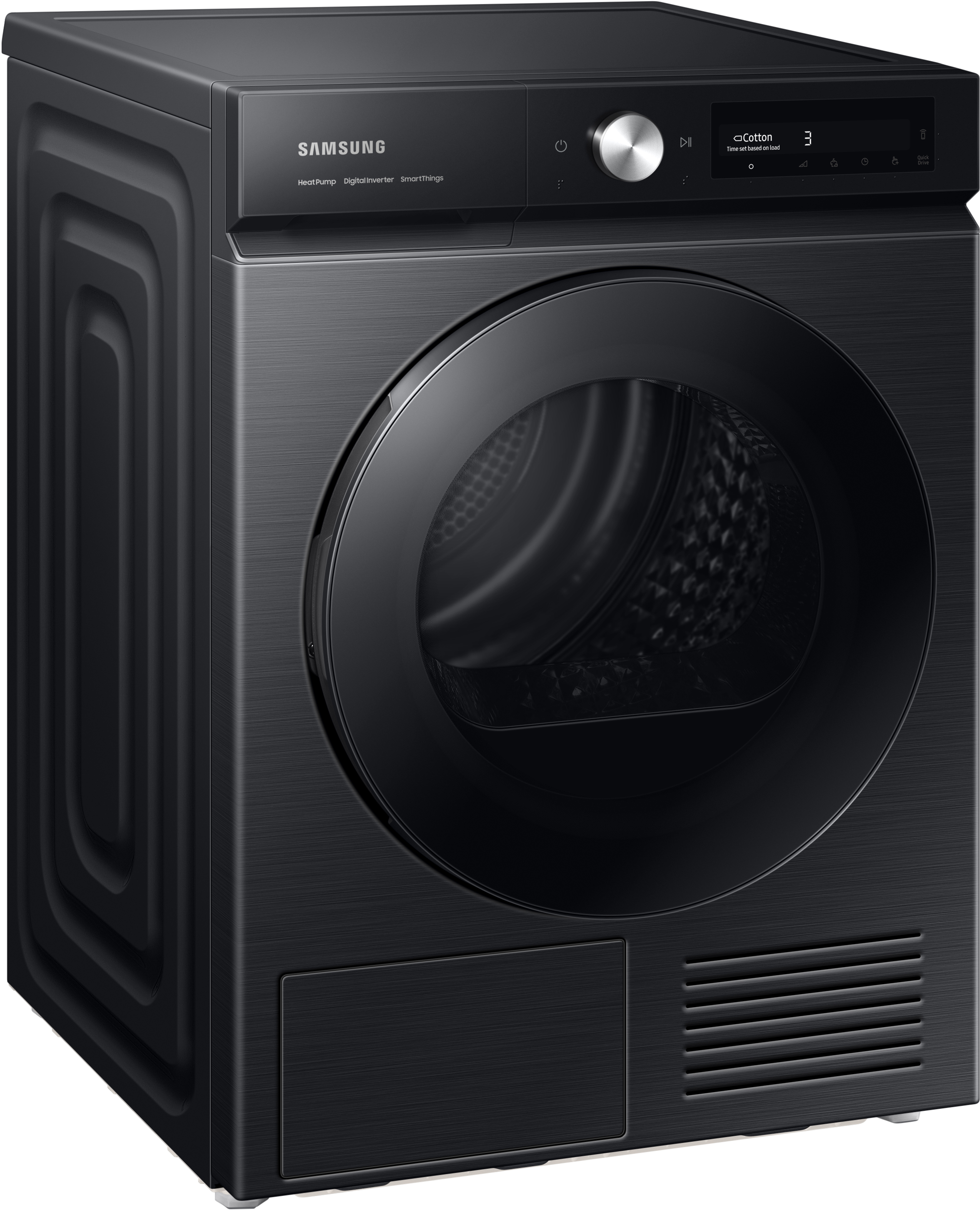 Un sèche-linge Samsung noir avec affichage numérique et une porte ronde.