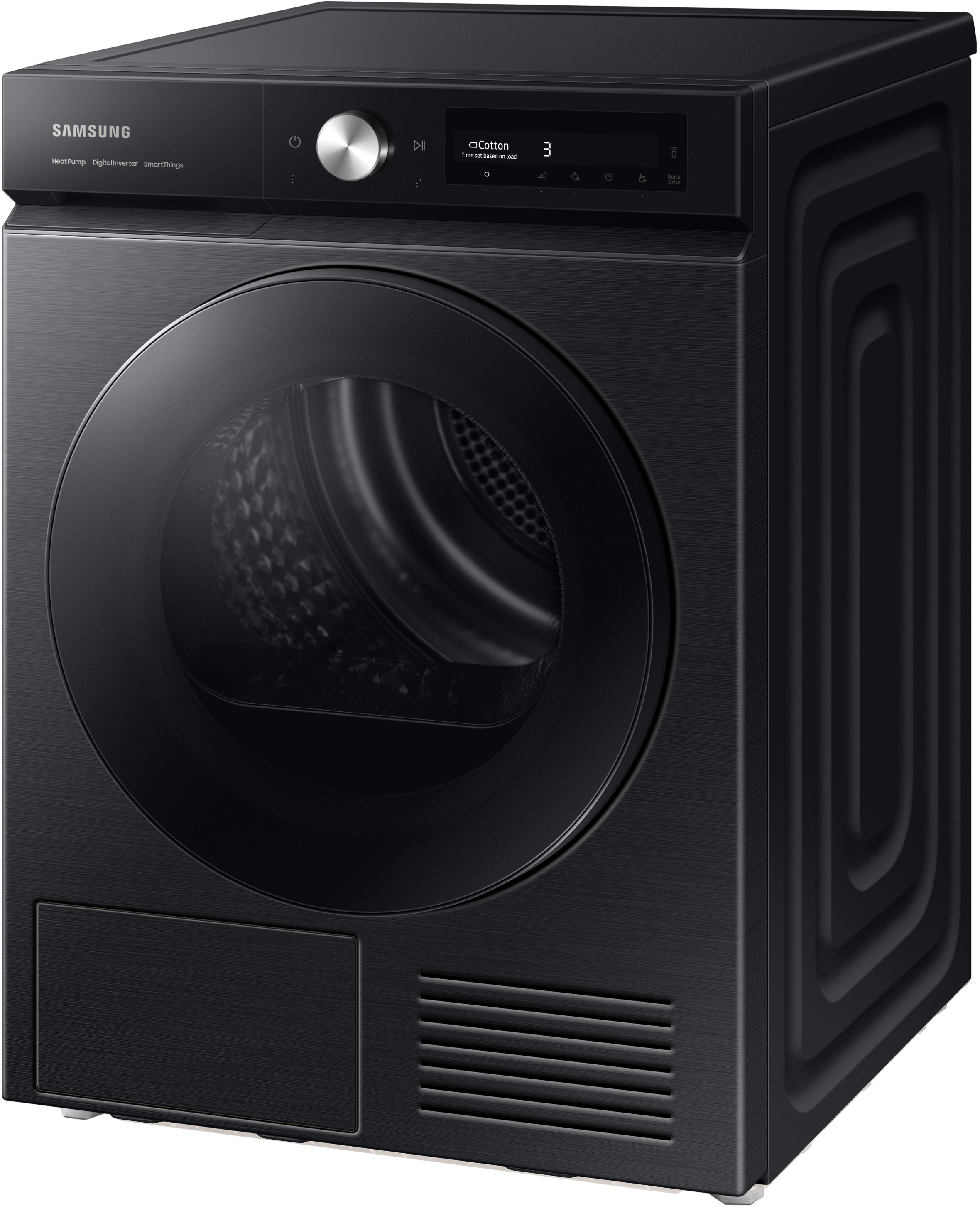 Sèche-linge Samsung noir avec porte vitrée, affichage numérique et un design élégant et moderne.