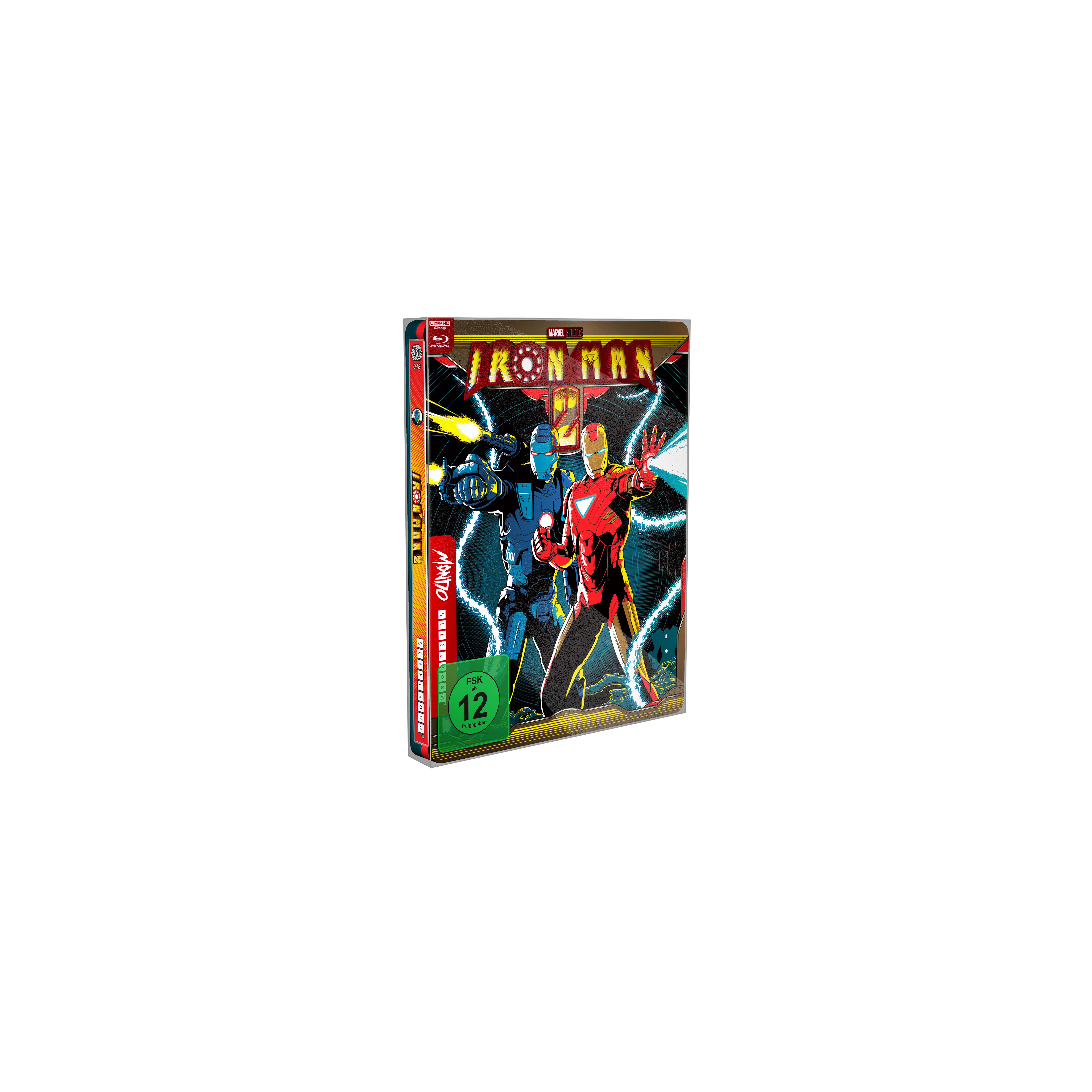 Iron Man Blu-ray-Hülle in dunkler Umgebung, Filmposter sichtbar.