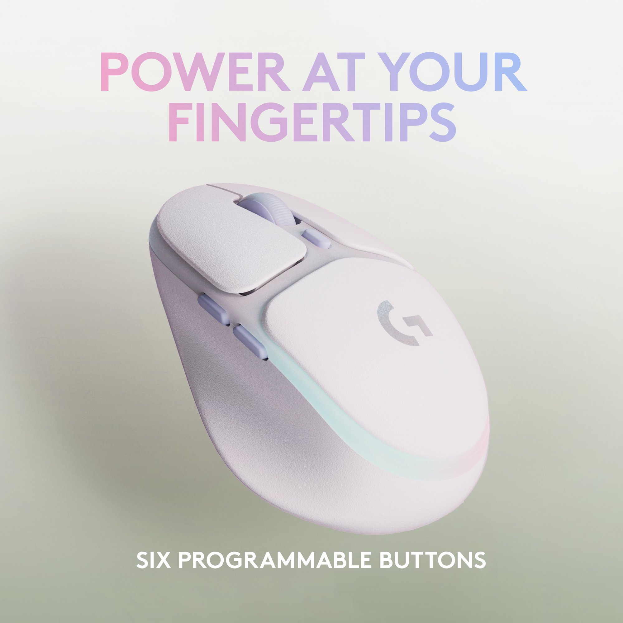 Eine weiße Maus mit sechs programmierbaren Tasten. Der Text lautet 'Power at your fingertips'.