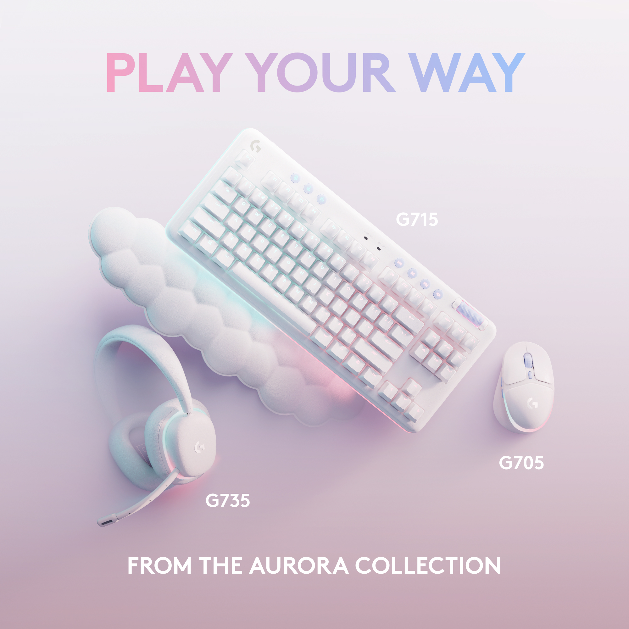Ein Gaming-Setup mit weißer Tastatur, Maus und Headset. Der Hintergrund hat einen Farbverlauf.