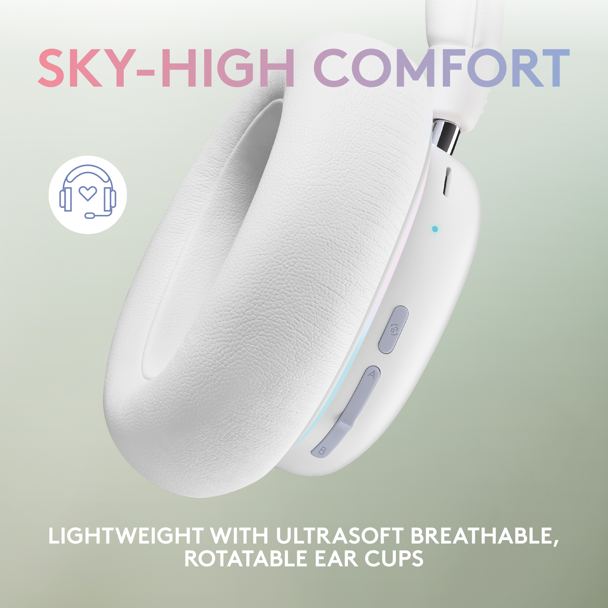 Casque blanc avec texte, boutons et icône de microphone sur fond vert.