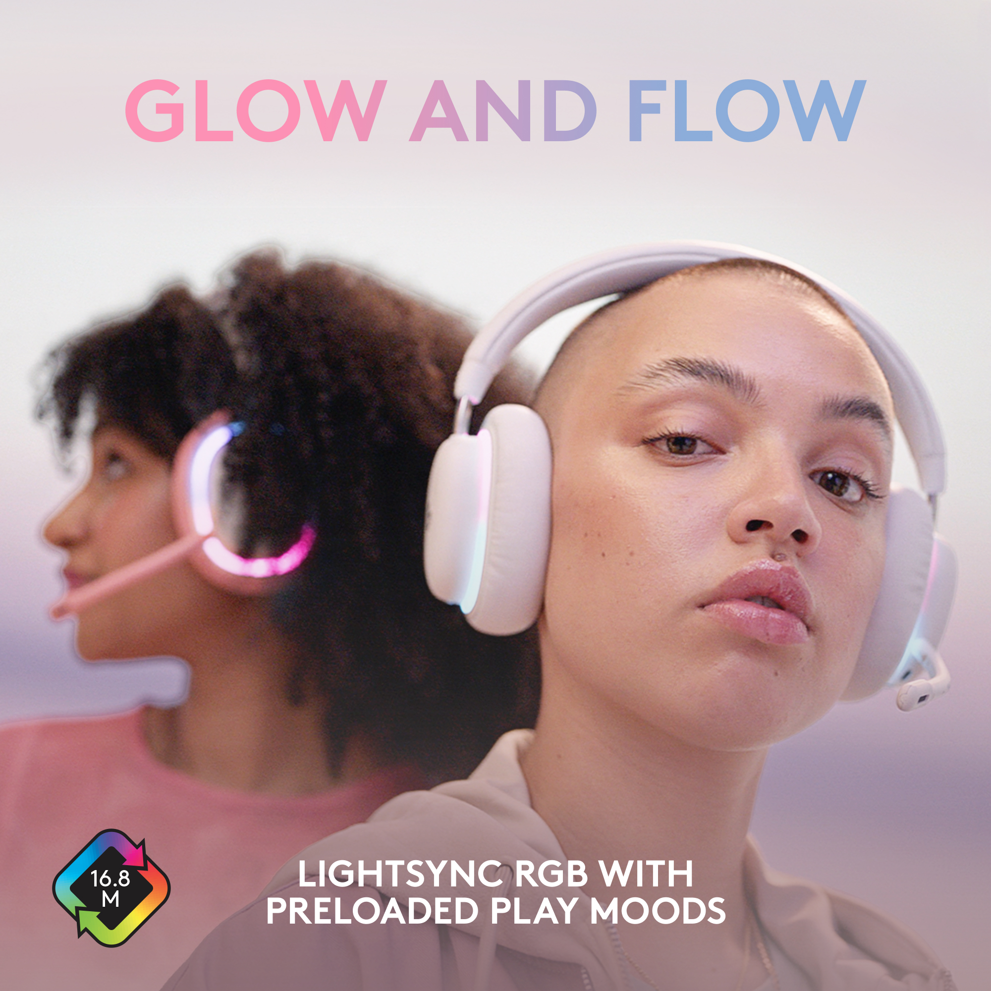 Deux femmes portant des écouteurs blancs avec des lumières colorées et le texte 'Glow and Flow'.