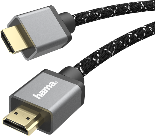 Gros plan sur un câble HDMI avec un câble tressé noir et blanc.