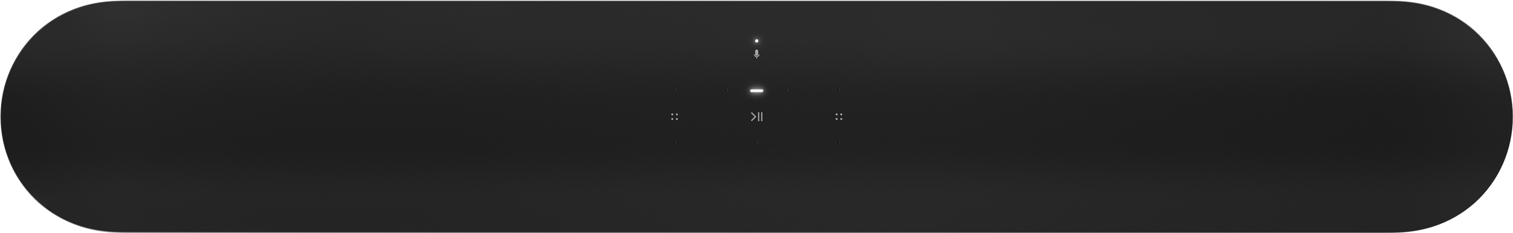 Una soundbar nera con tre pulsanti e tre luci bianche.