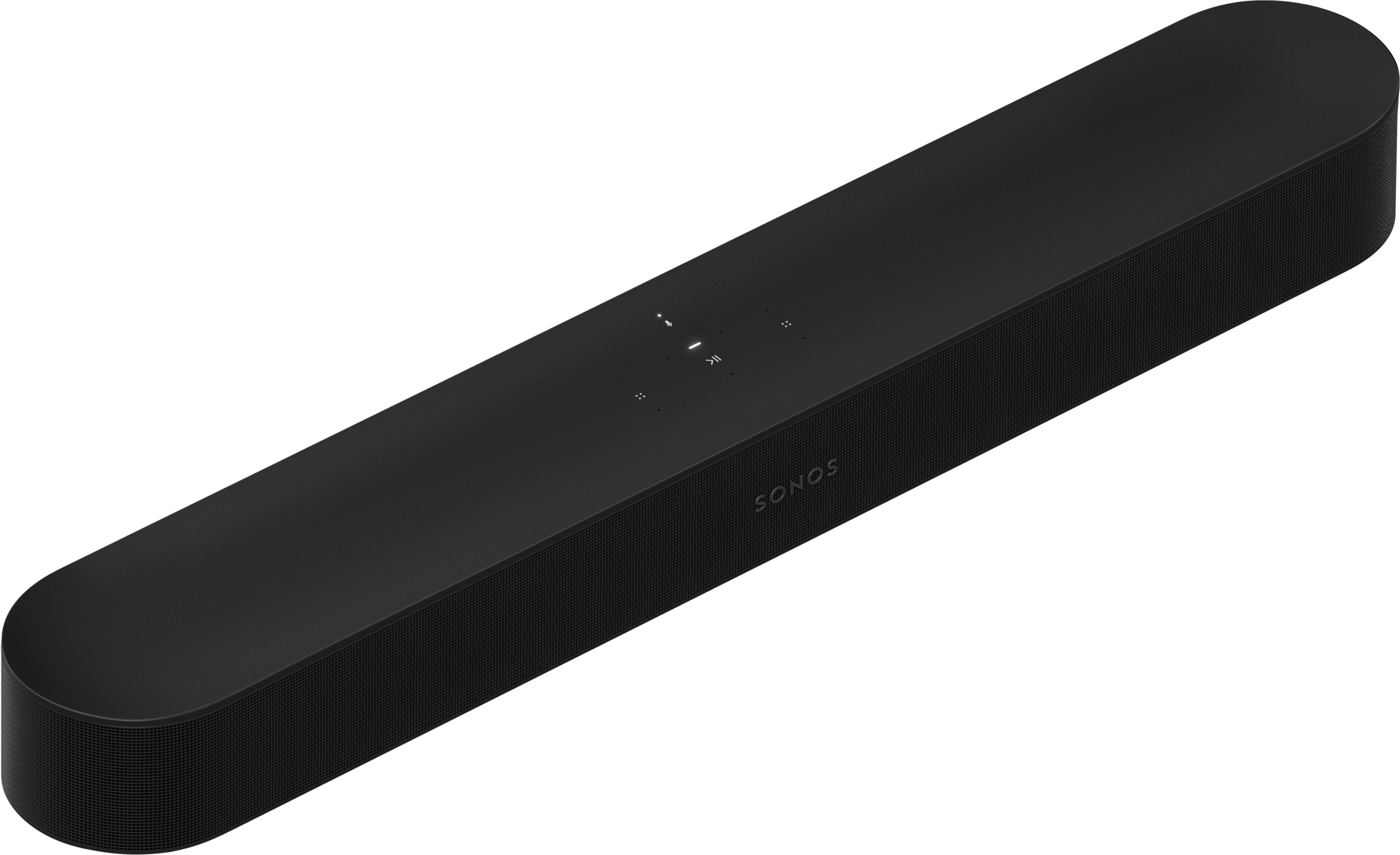 Soundbar Sonos nera con tre pulsanti di controllo e il logo Sonos sopra.