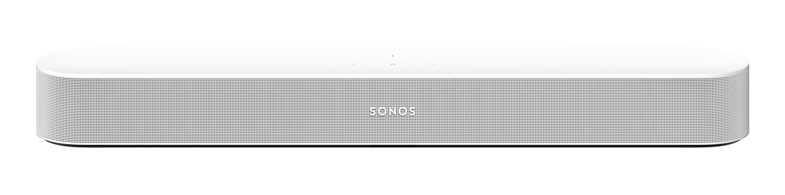Soundbar bianca su sfondo nero, con testo 'SONOS'.