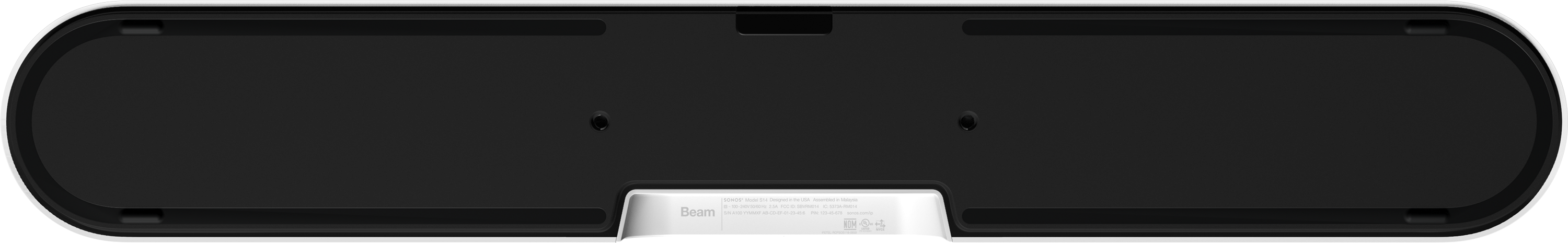 Soundbar nera con base argentata e bordi arrotondati bianchi. Vista dal basso.