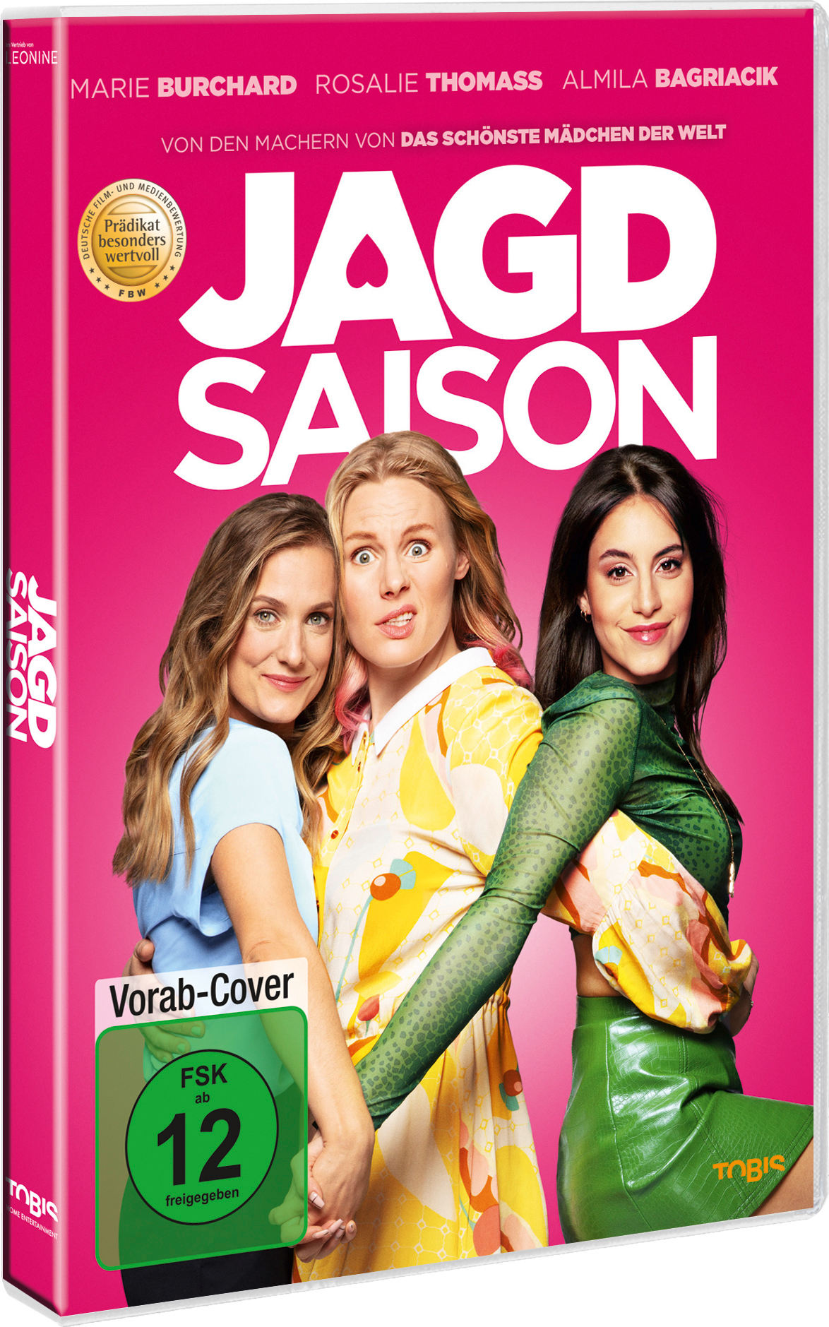 DVD-Hülle mit drei Frauen. Text: Jagd Saison. Rosa Hintergrund.