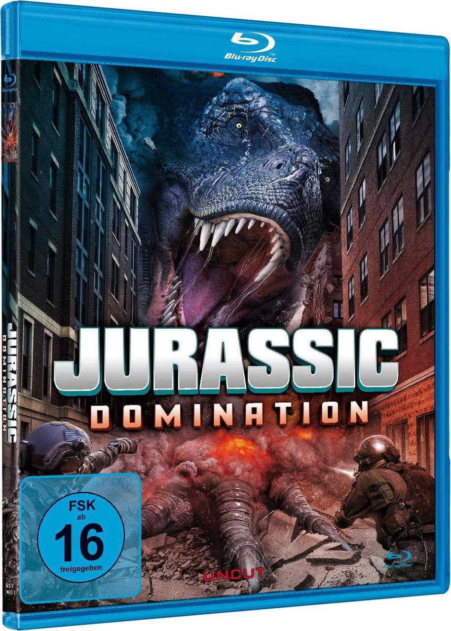 Blu-ray-Disc von "Jurassic Domination". Ein Dinosaurier greift eine Stadt an. FSK 16-Einstufung.