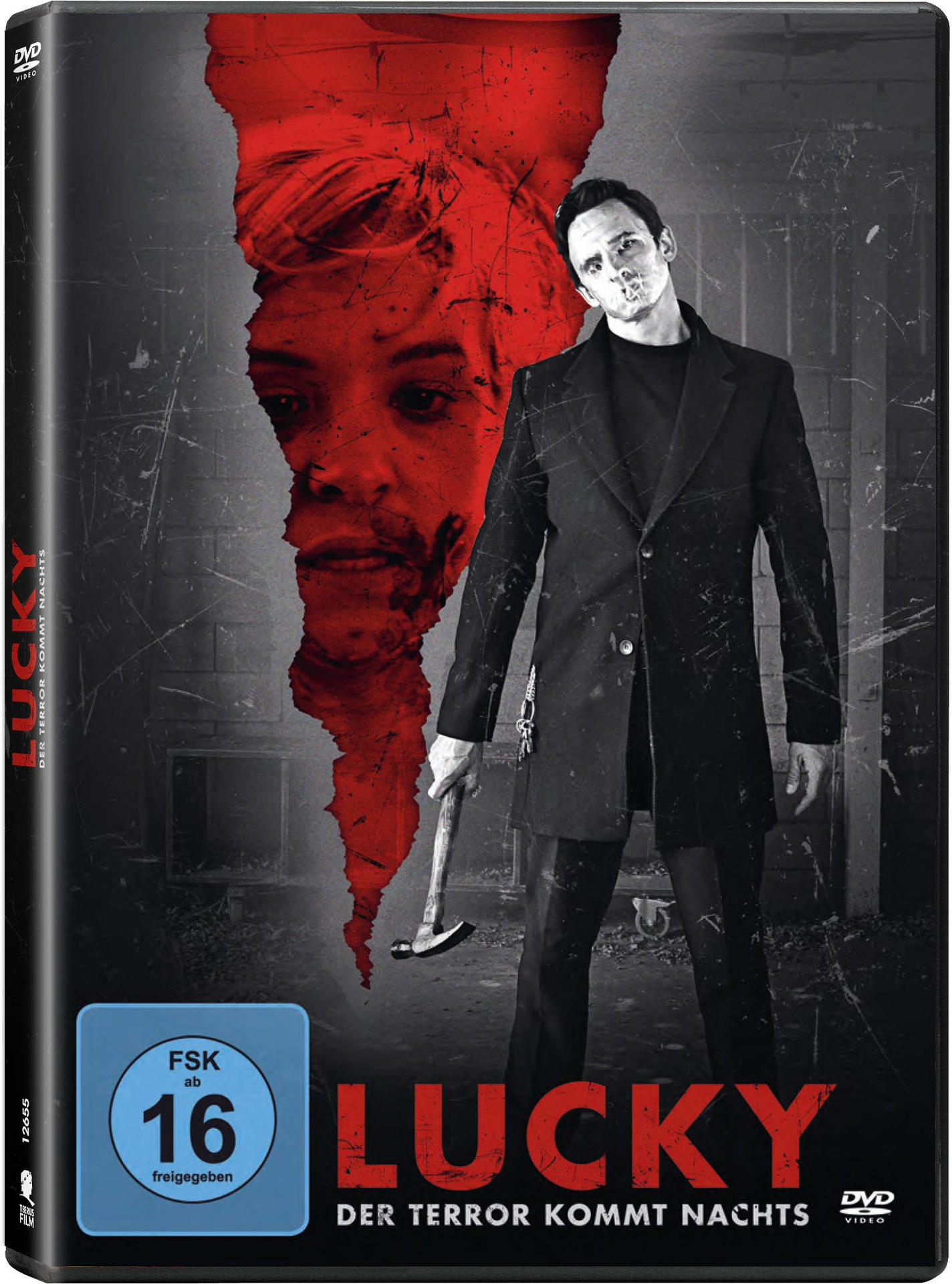 Filmcover für "LUCKY", zeigt eine Person mit einem Hammer und ein Gesicht im Hintergrund. Das Cover ist schwarz und rot.