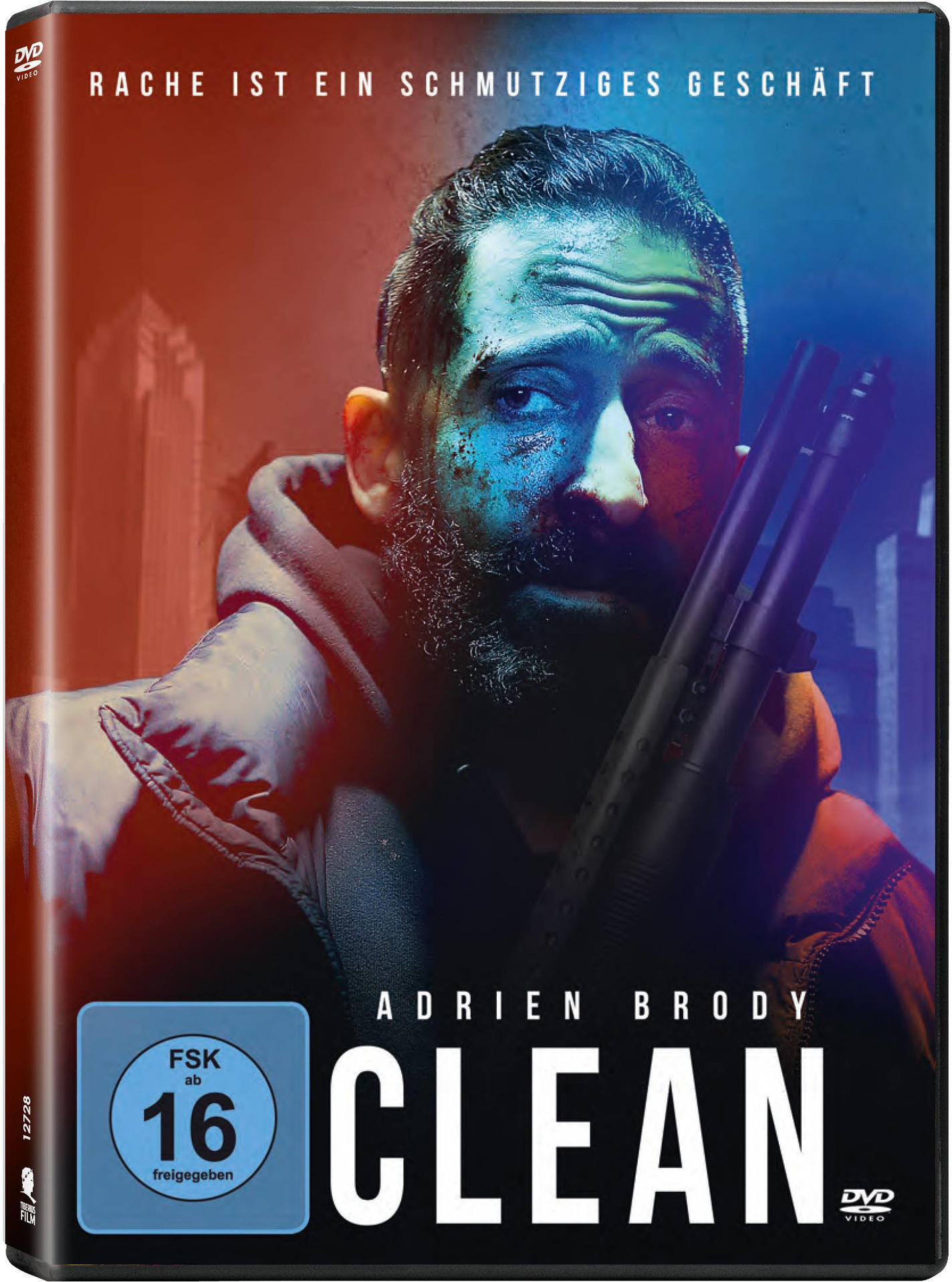 DVD-Cover mit Adrien Brody, der eine Schrotflinte hält, der Titel 'CLEAN' ist sichtbar.