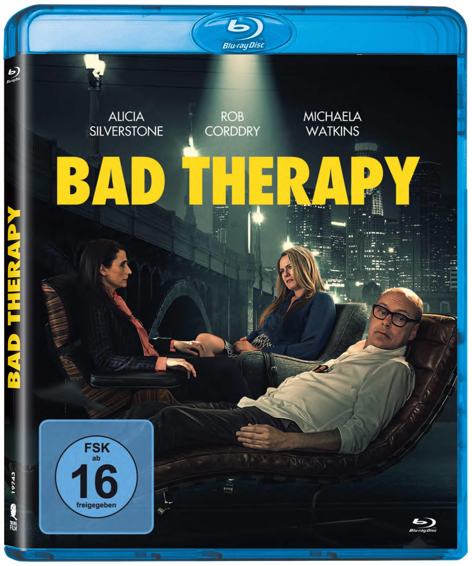 Blu-ray-Hülle mit dem Titel 'Bad Therapy', mit Schauspielern und Skyline.