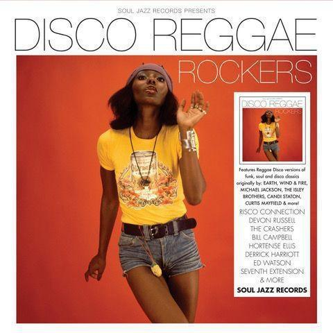 Pochette d'album avec femme en jaune, fond rouge, 'Disco Reggae Rockers'.