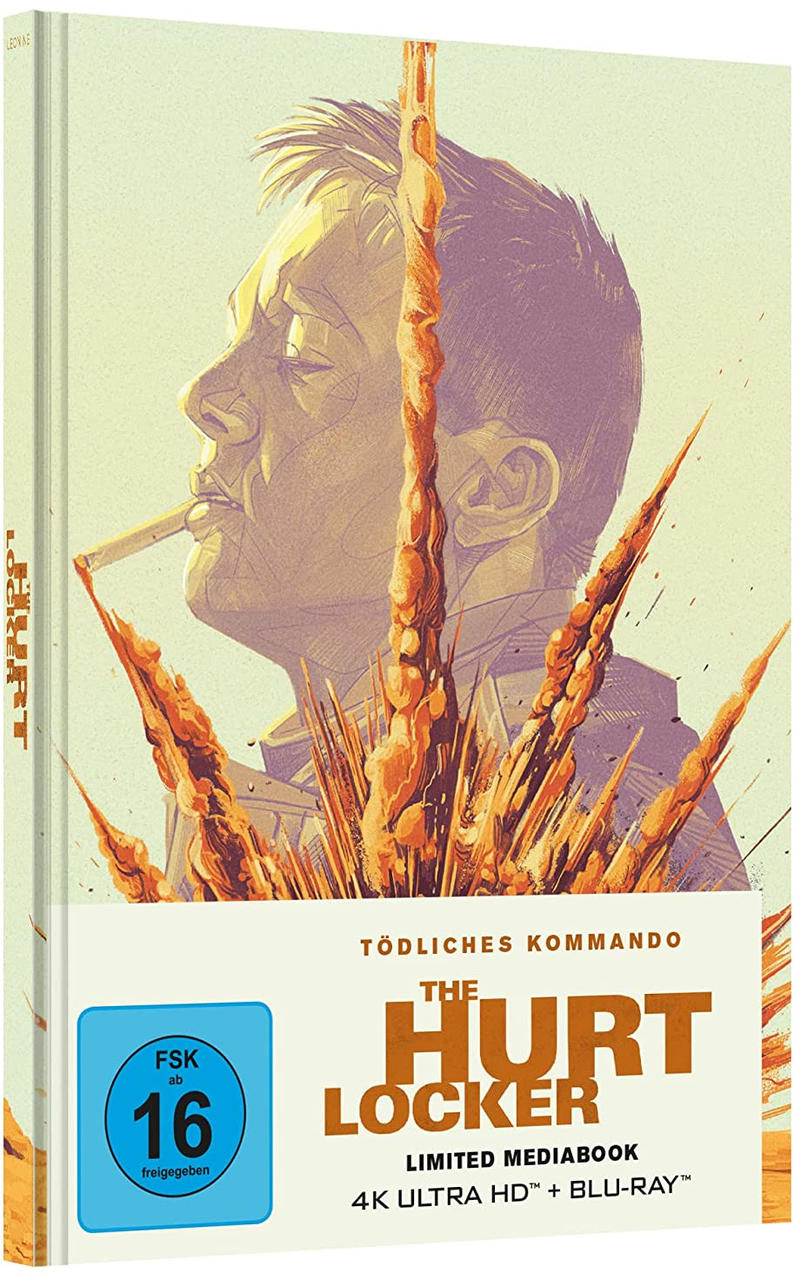 The Hurt Locker Blu-ray-Cover. Mann mit Zigarette, orange Explosion im Hintergrund.