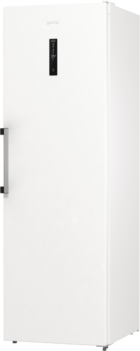 Egy fehér Gorenje fagyasztó. Az ajtón fogantyú és digitális kijelző van.