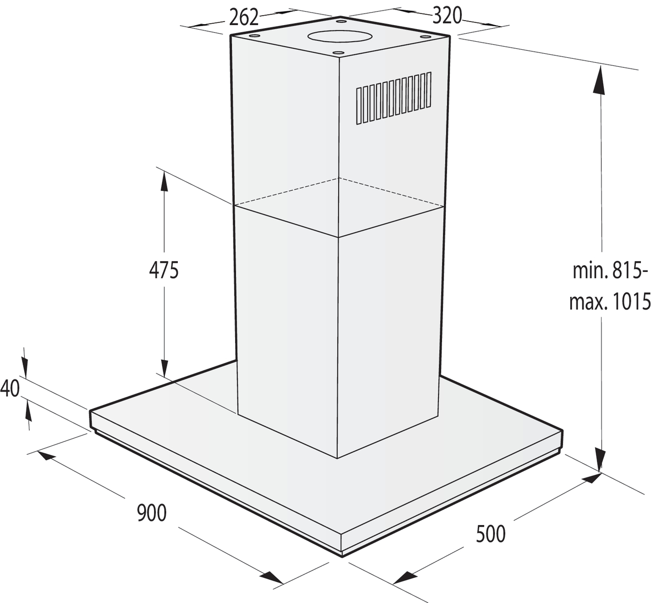 Konyhai páraelszívó diagramja, milliméterben megadott méretekkel.