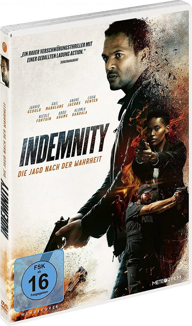 DVD-Hülle mit dem Filmtitel 'Indemnity' und Schauspielern auf dem Cover.