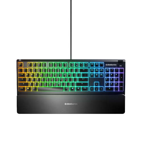SteelSeries oyun klavyesi. Siyah, çok renkli tuşlara ve bir bilek desteğine sahip.