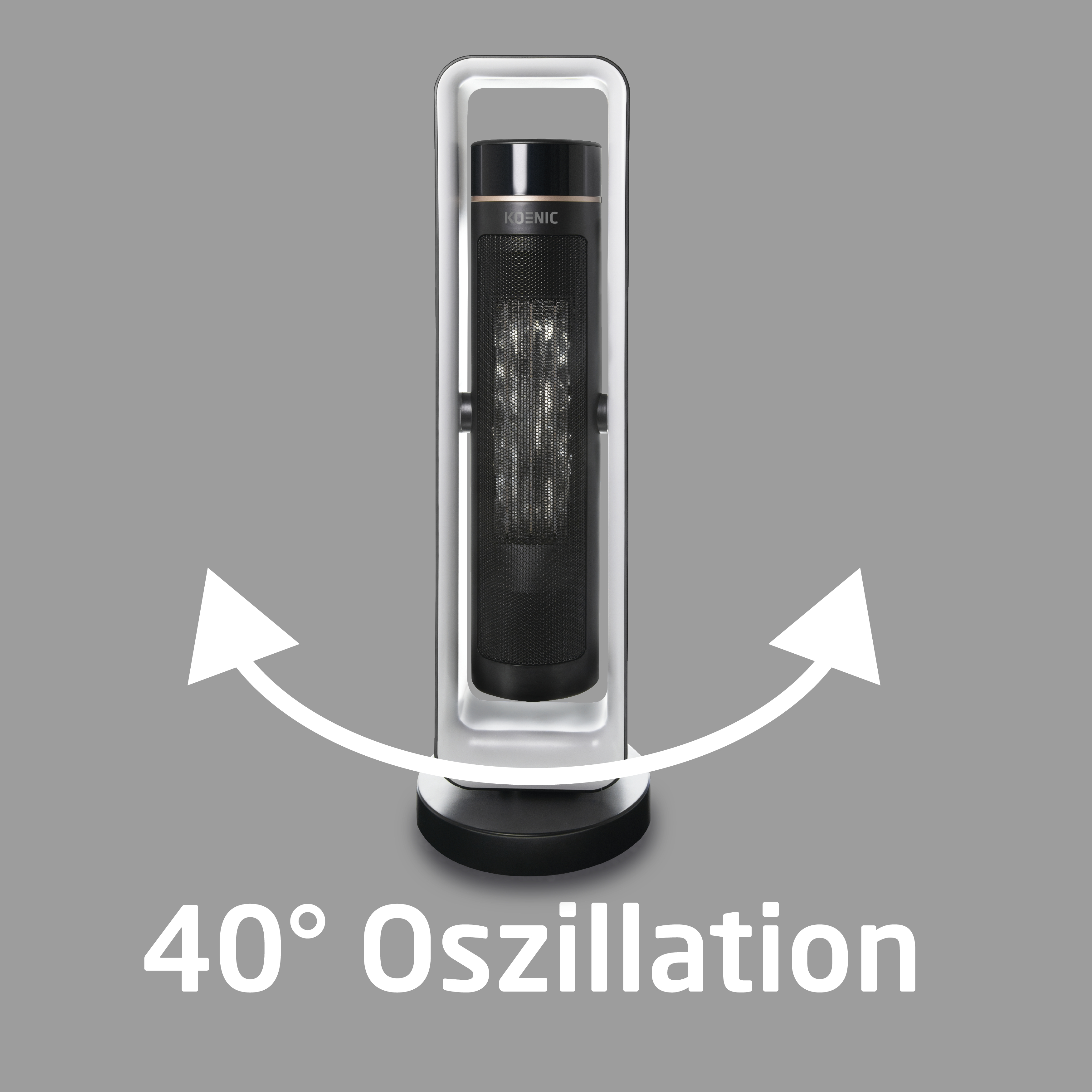 Schwarz-silberner elektrischer Heizlüfter. Pfeile und Text, die 40° Oszillation anzeigen. Grauer Hintergrund.