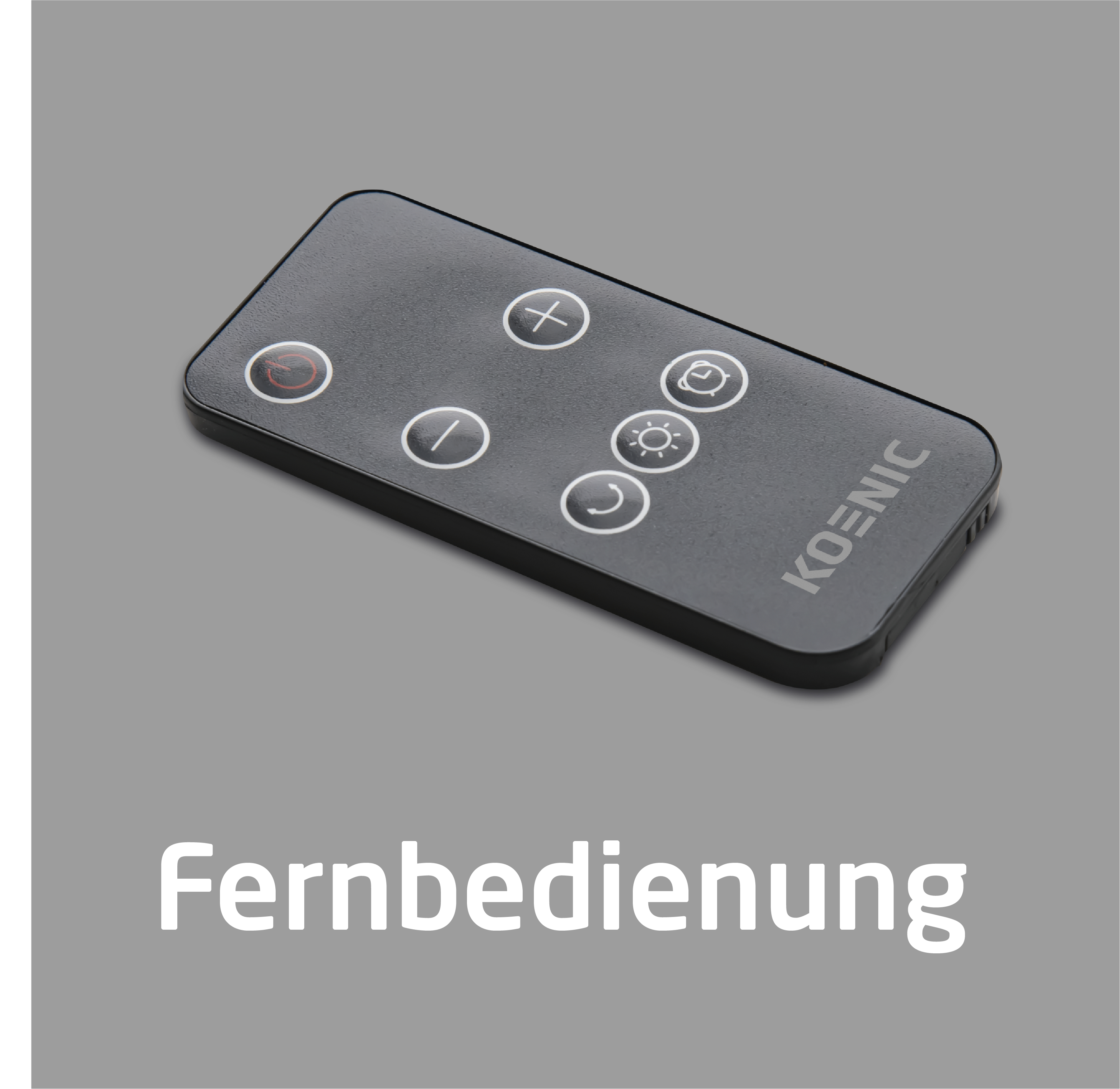 Schwarze Fernbedienung mit weißem Text und Tasten, grauer Hintergrund.