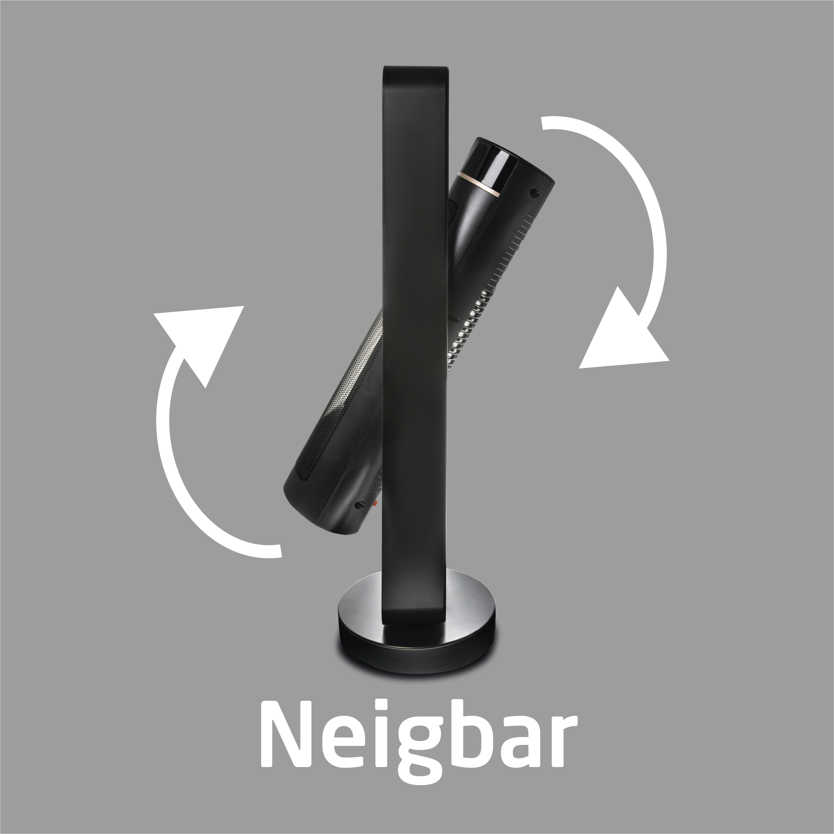 Schwarzer und silberner Heizstrahler mit Pfeilen, die die Drehung anzeigen. Grauer Hintergrund. Text 'Neigbar'.